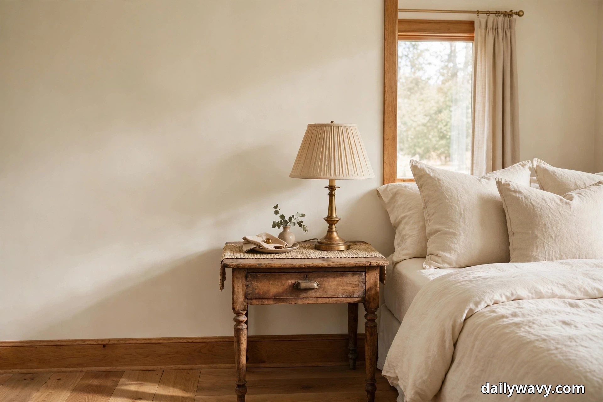 A wide view shows a vintage wooden nightstand topped with a woven runner and a brass lamp with a pleated cream shade, with a small vase of eucalyptus beside it, next to a bed dressed in cream linen by a window