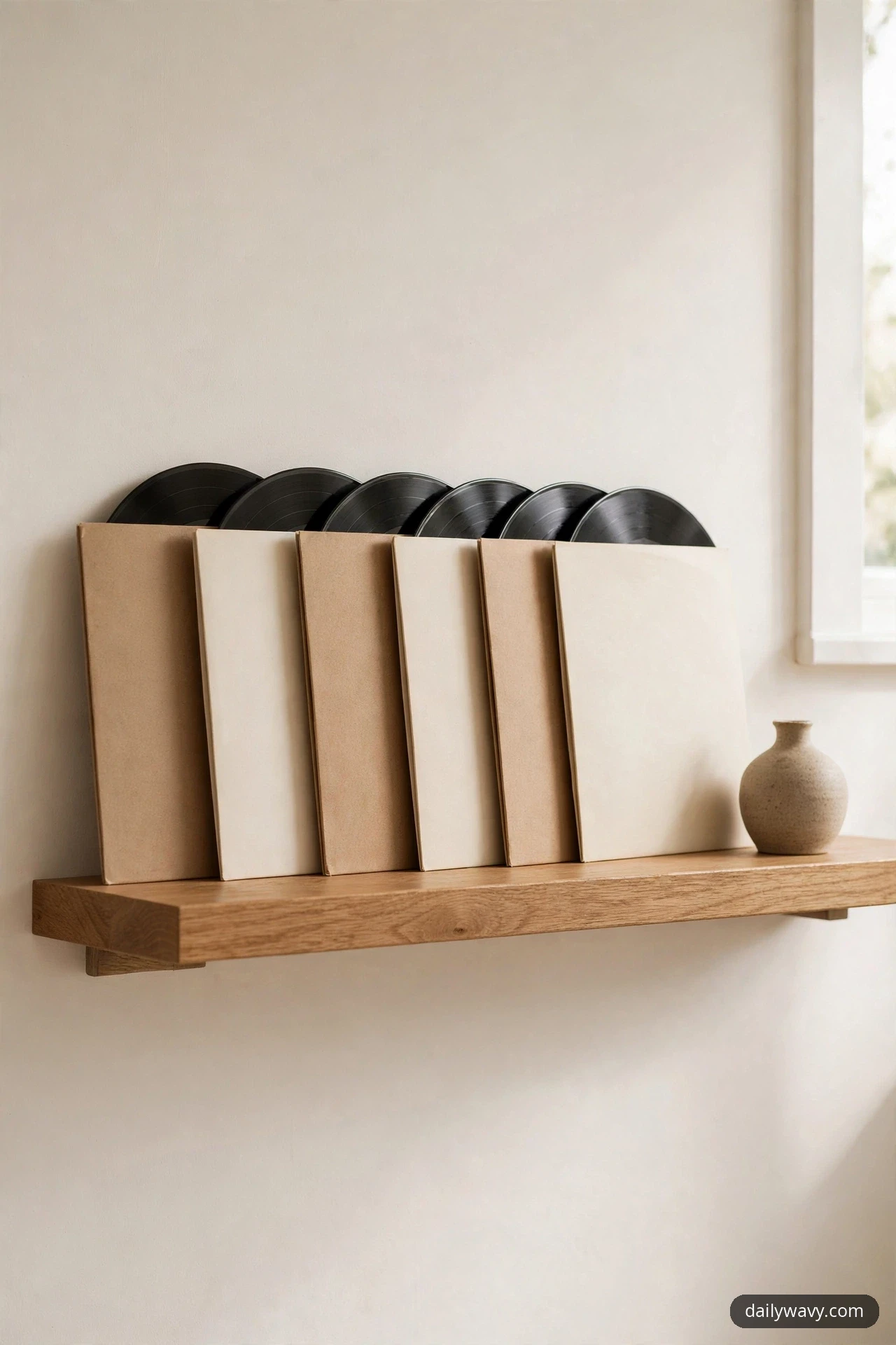 A closer view shows six records in alternating cream and kraft sleeves standing face-out on an oak wall shelf, their black vinyl edges peeking above the sleeves, with a small round stoneware vase at the end of the shelf.