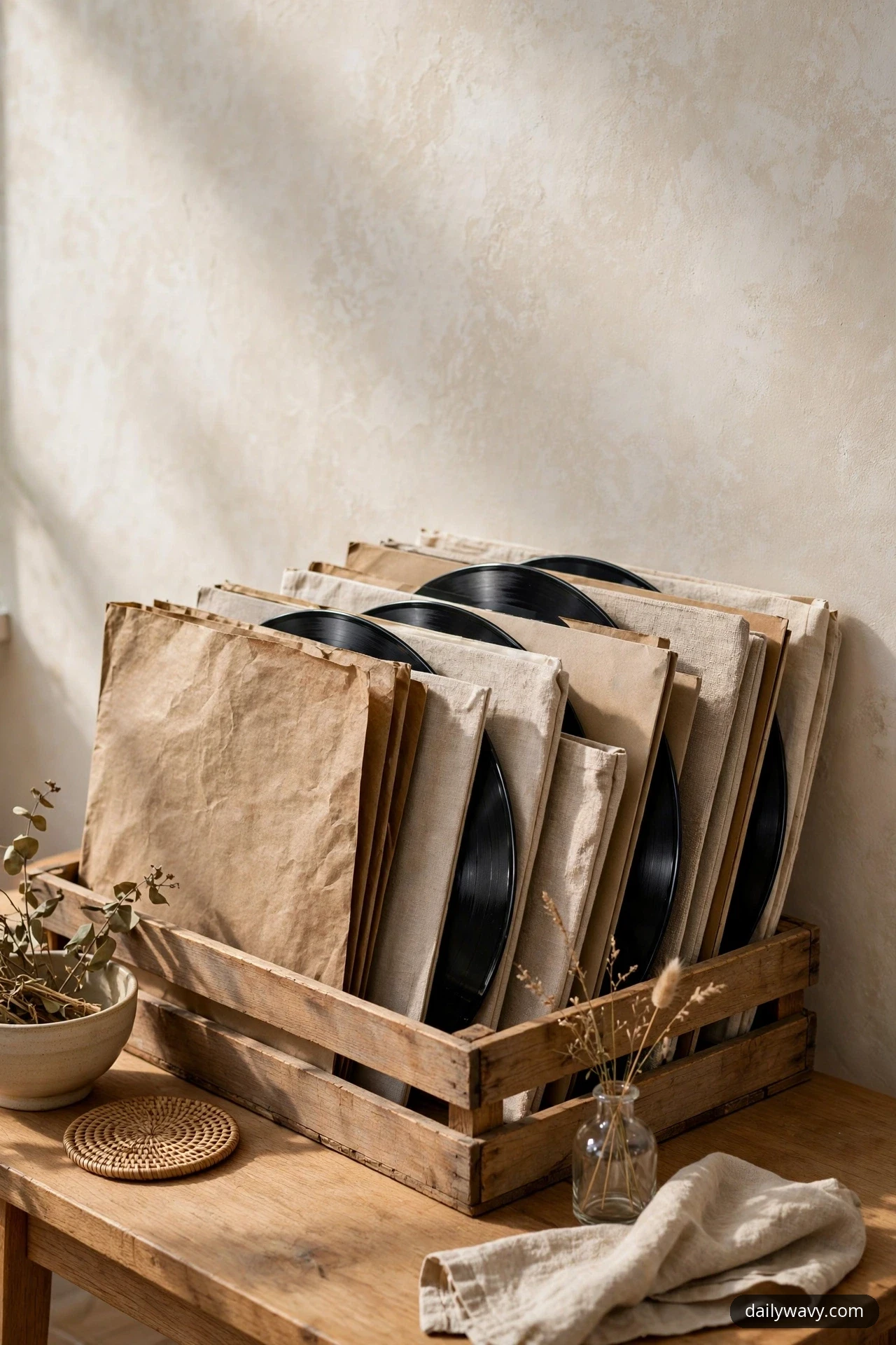 Records in crumpled kraft paper and natural linen sleeves stand in a slatted wooden crate on a wooden table against a warm white limewashed wall, with black vinyl discs showing above the sleeves.