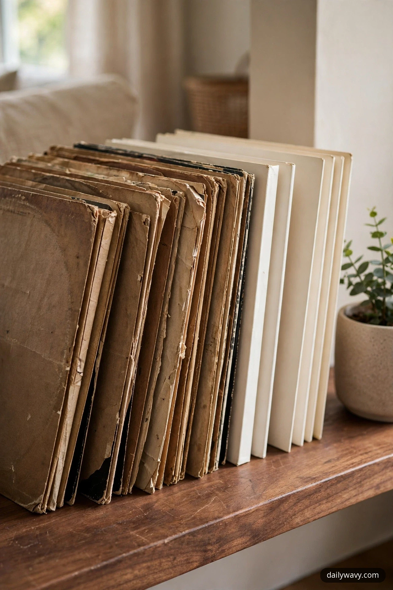 Aged, worn brown record sleeves stand beside crisp new cream sleeves on a dark walnut shelf, with a small potted green plant anchoring the end of the row.
