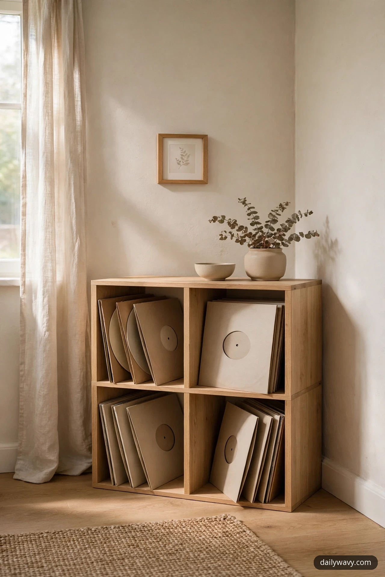 A light oak two-by-two cube shelf stands in a room corner with records in kraft sleeves filling its openings, a ceramic bowl and vase resting on top, and a small framed botanical print hanging on the wall above.