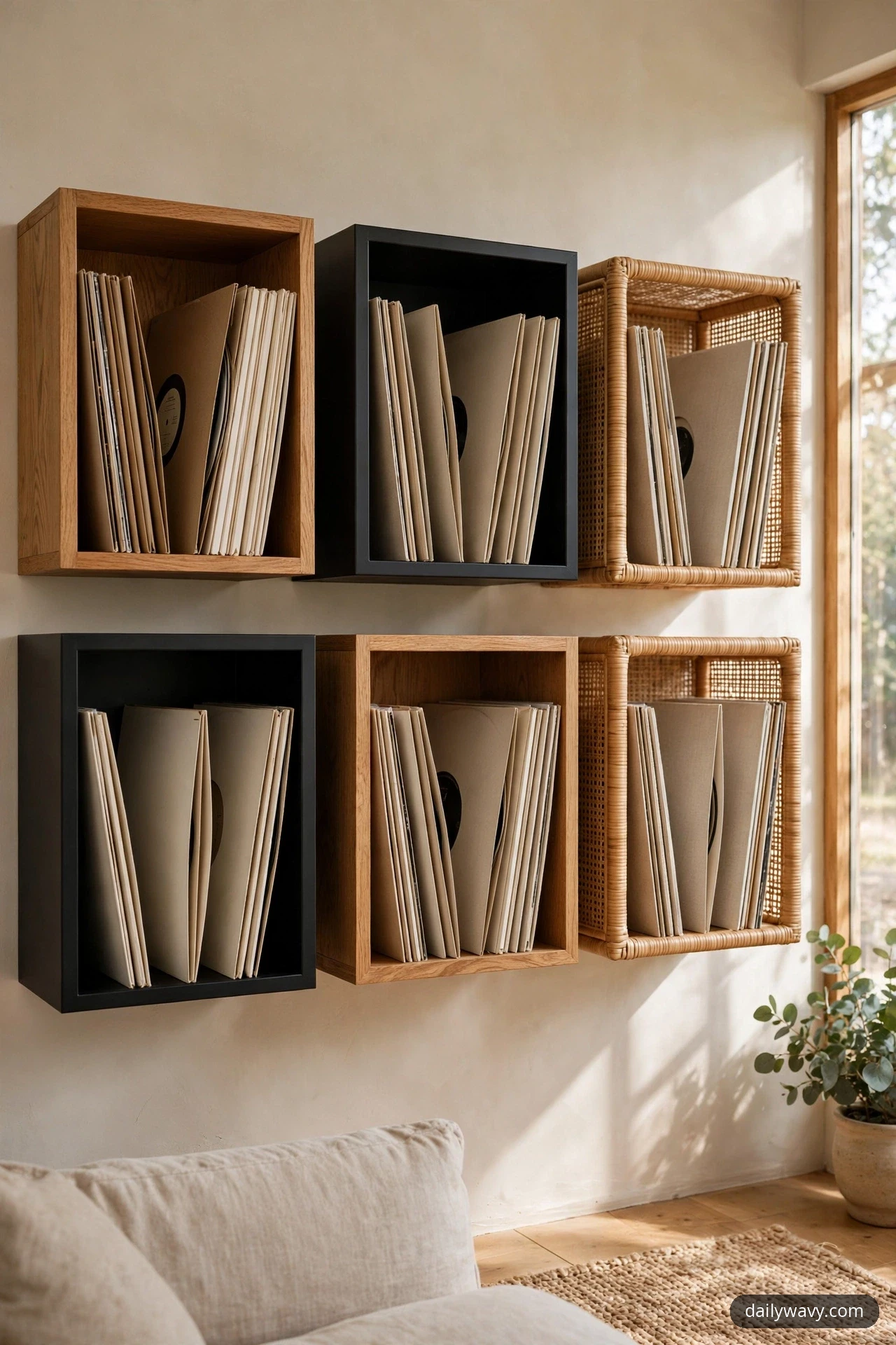 Six square wall cubbies in oak, matte black, and woven rattan hang in a two-row grid, and each cubby holds a short row of upright records in plain sleeves.