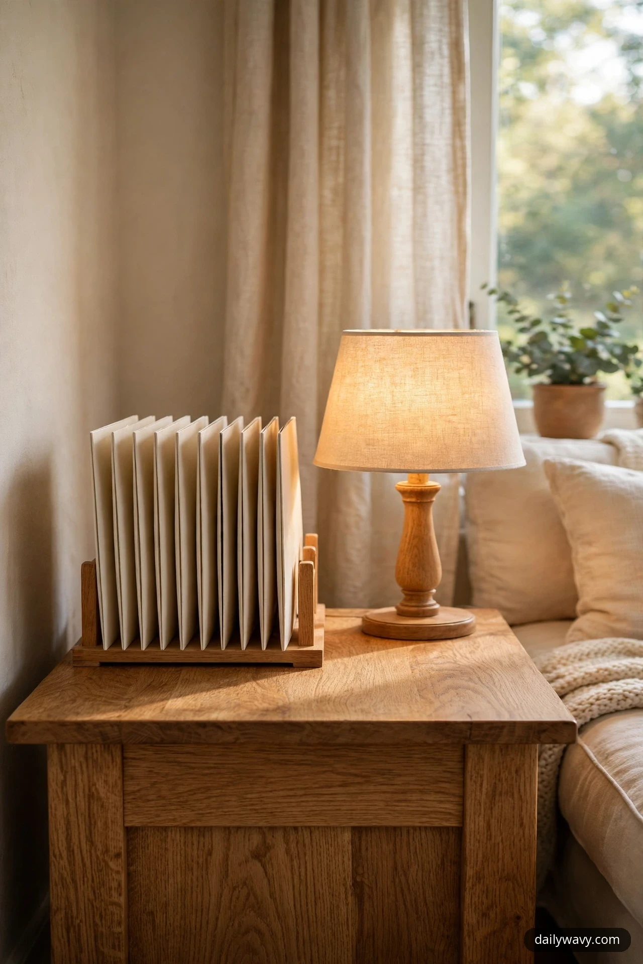 A small wooden tabletop rack holds records in cream sleeves beside a glowing table lamp with a linen shade and a turned wood base on an oak side table.