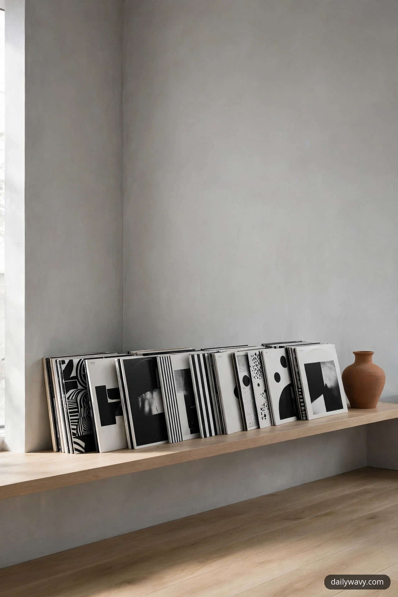 Records with black-and-white graphic sleeves lean in a long row on a low light wood shelf against a soft grey wall, with a single terracotta vase standing at the end.