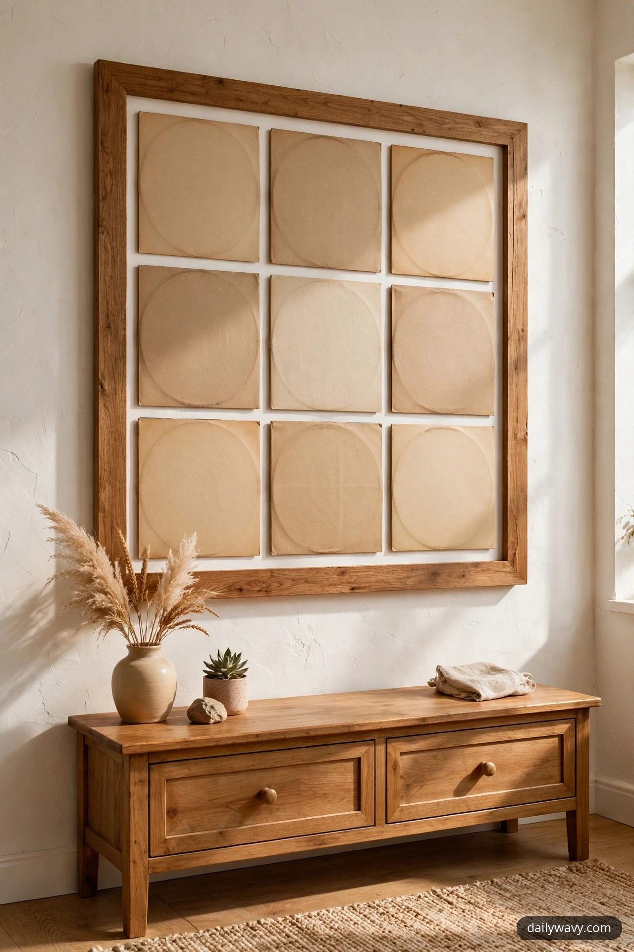 Nine plain kraft record sleeves hang in a three-by-three grid inside one large empty wooden frame on a warm white wall above a wooden bench.