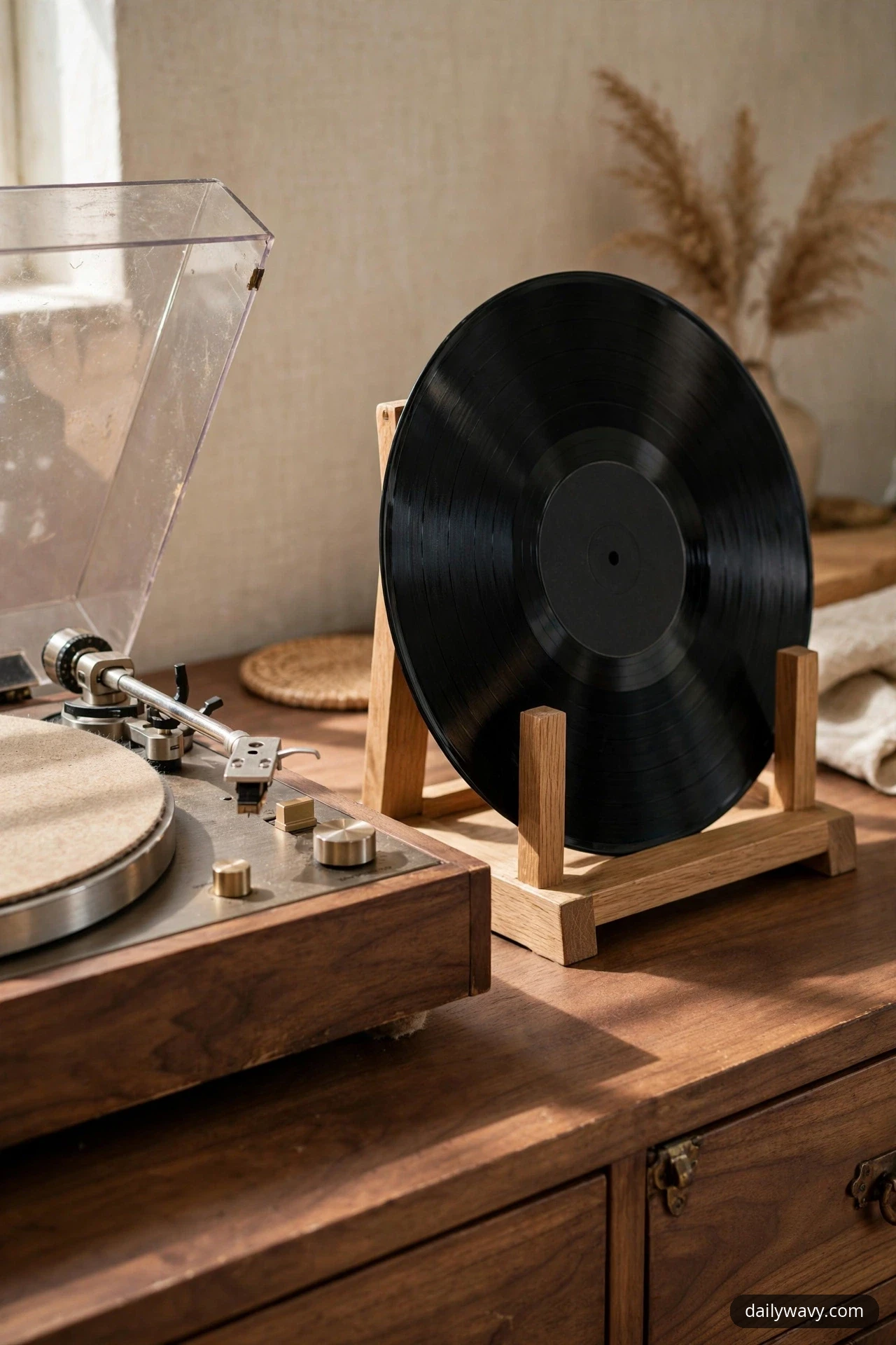 A vintage turntable with its clear dust cover raised sits on a walnut sideboard beside a black vinyl record resting upright in a light wooden display stand.