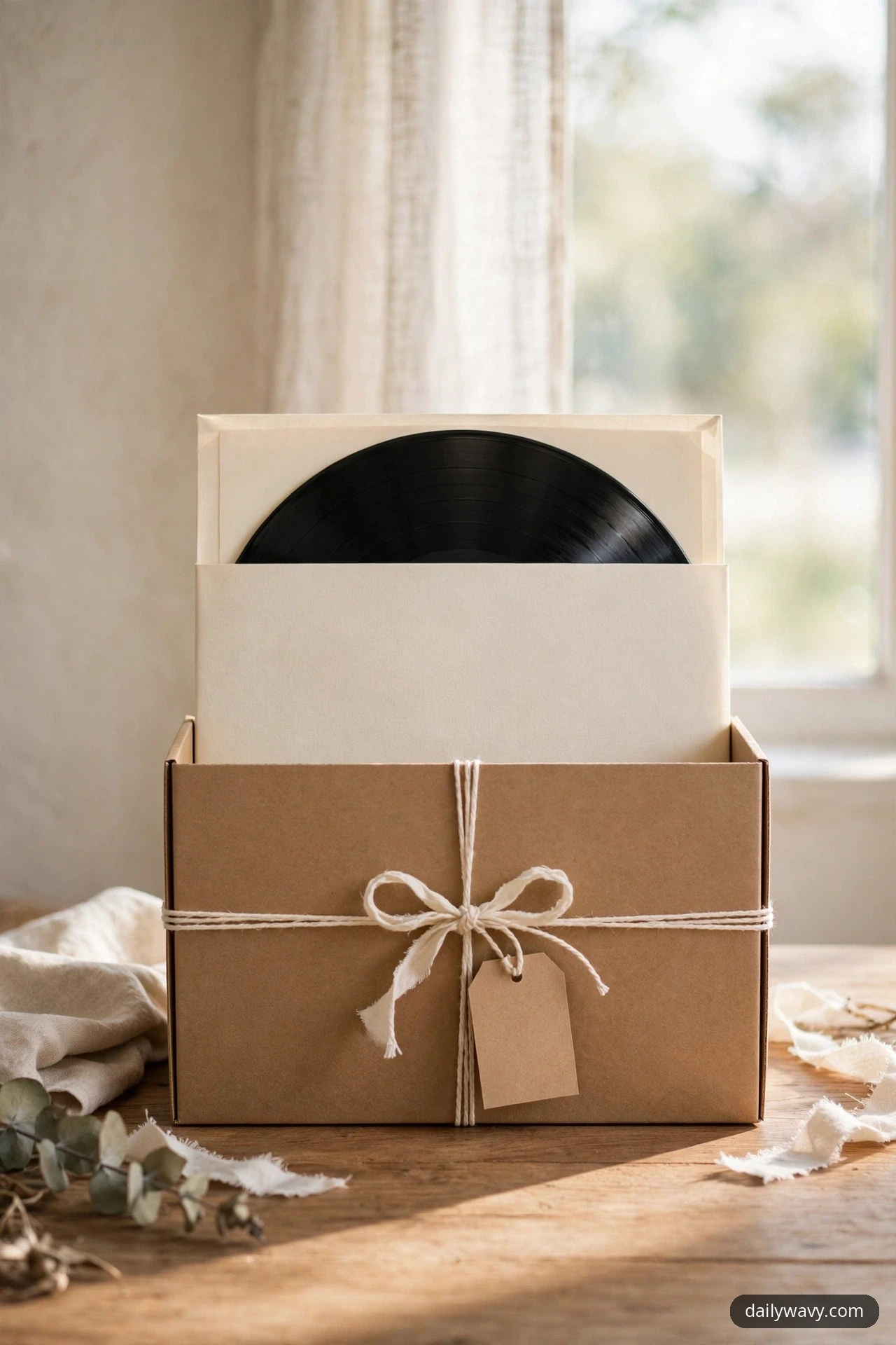 A kraft gift box tied with cotton ribbon and a blank tag holds a vinyl record in a cream sleeve on a wooden table, with the black disc peeking above the sleeve.