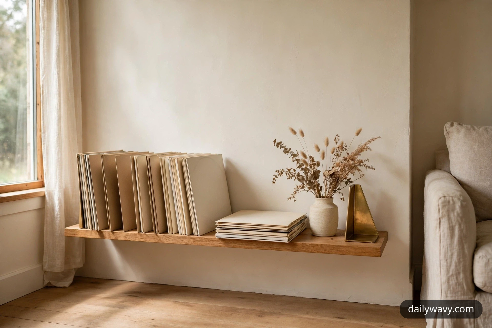 A wide view shows a long oak wall shelf holding a row of upright vinyl records in cream and kraft sleeves, a short stack of sleeves lying flat in the middle, and a stoneware vase of dried stems with a brass bookend at the far end.