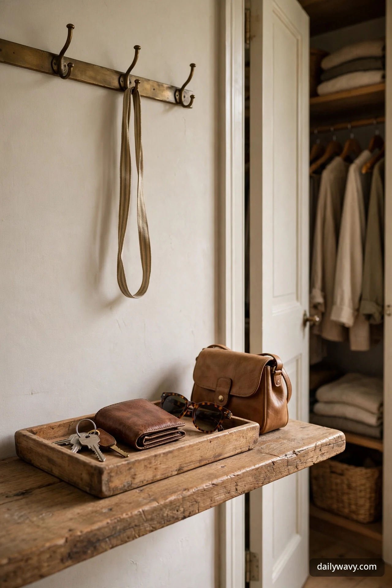 Wooden tray on a low shelf holding keys, a wallet, sunglasses, and a leather bag, with a brass hook rail above it beside a closet doorway