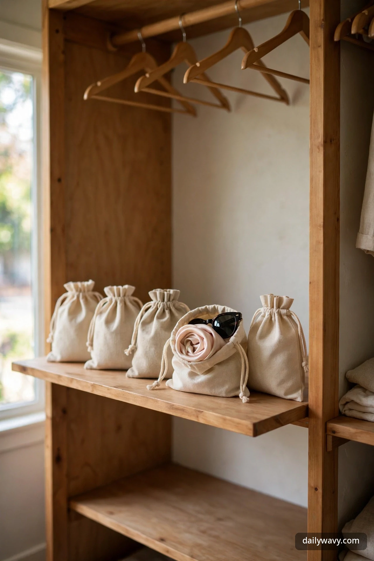 Five canvas drawstring pouches lined up on a closet shelf, one open holding a rolled scarf and sunglasses