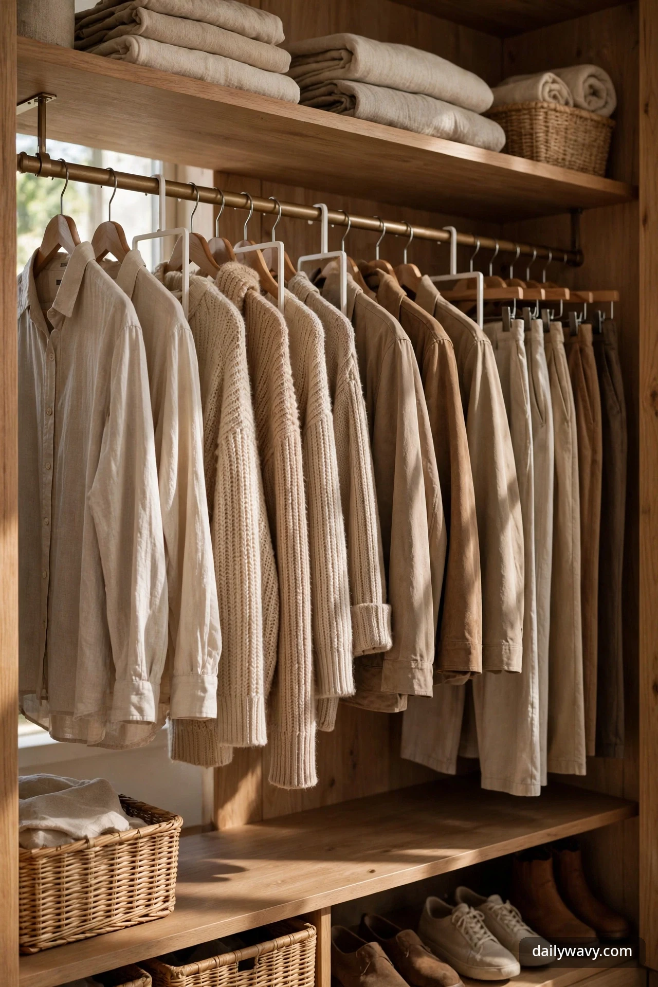 Shirts, sweaters, and trousers hanging in groups on a closet rod with white dividers marking the boundaries