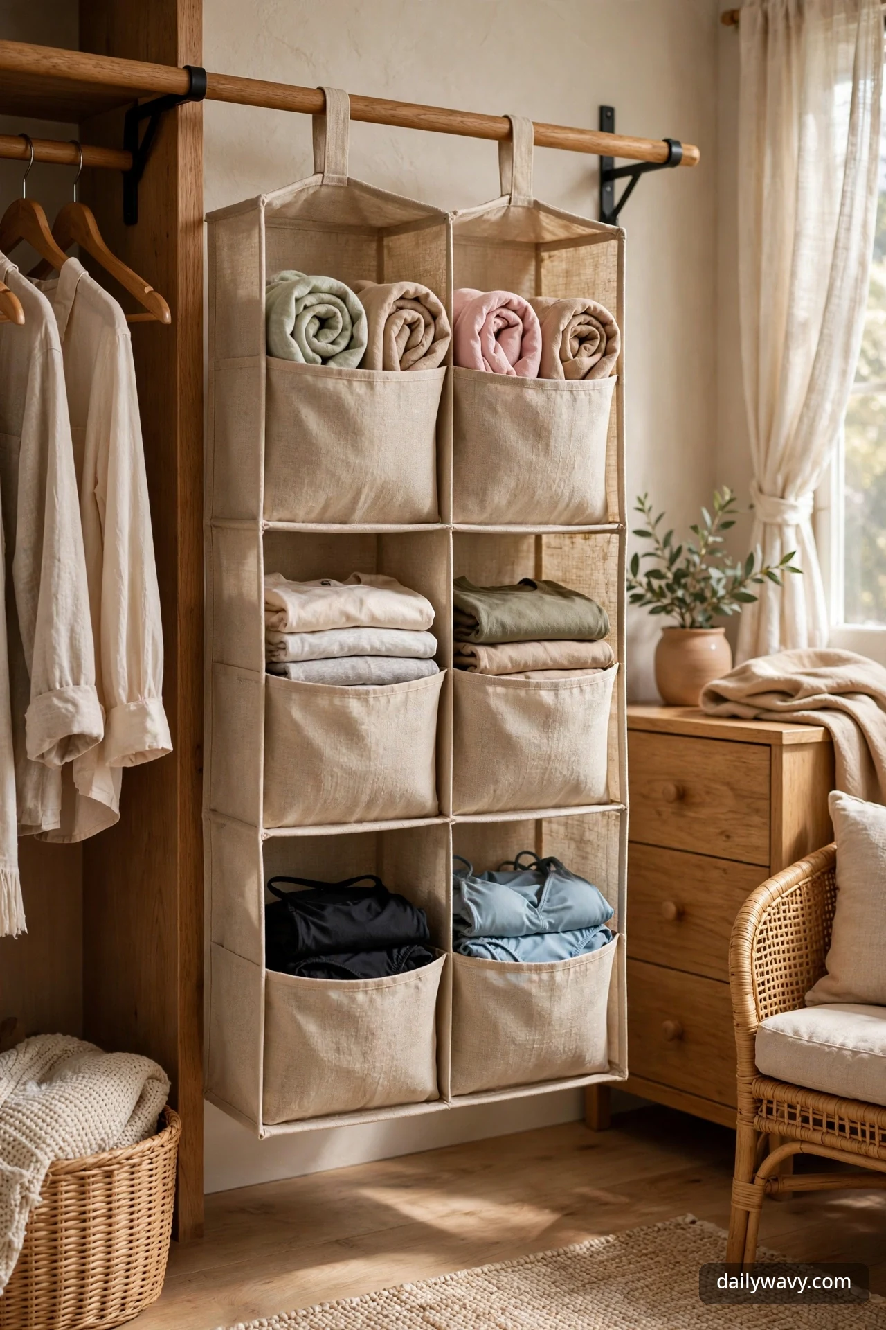 Hanging fabric organizer with six cubbies holding rolled and folded clothes, suspended from a closet rod