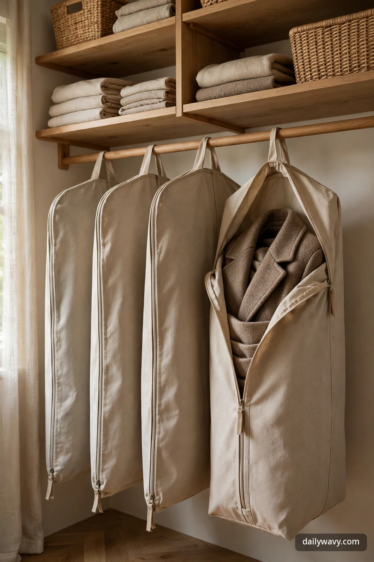 Four canvas garment bags hanging from a closet rod, one unzipped to show a wool coat inside