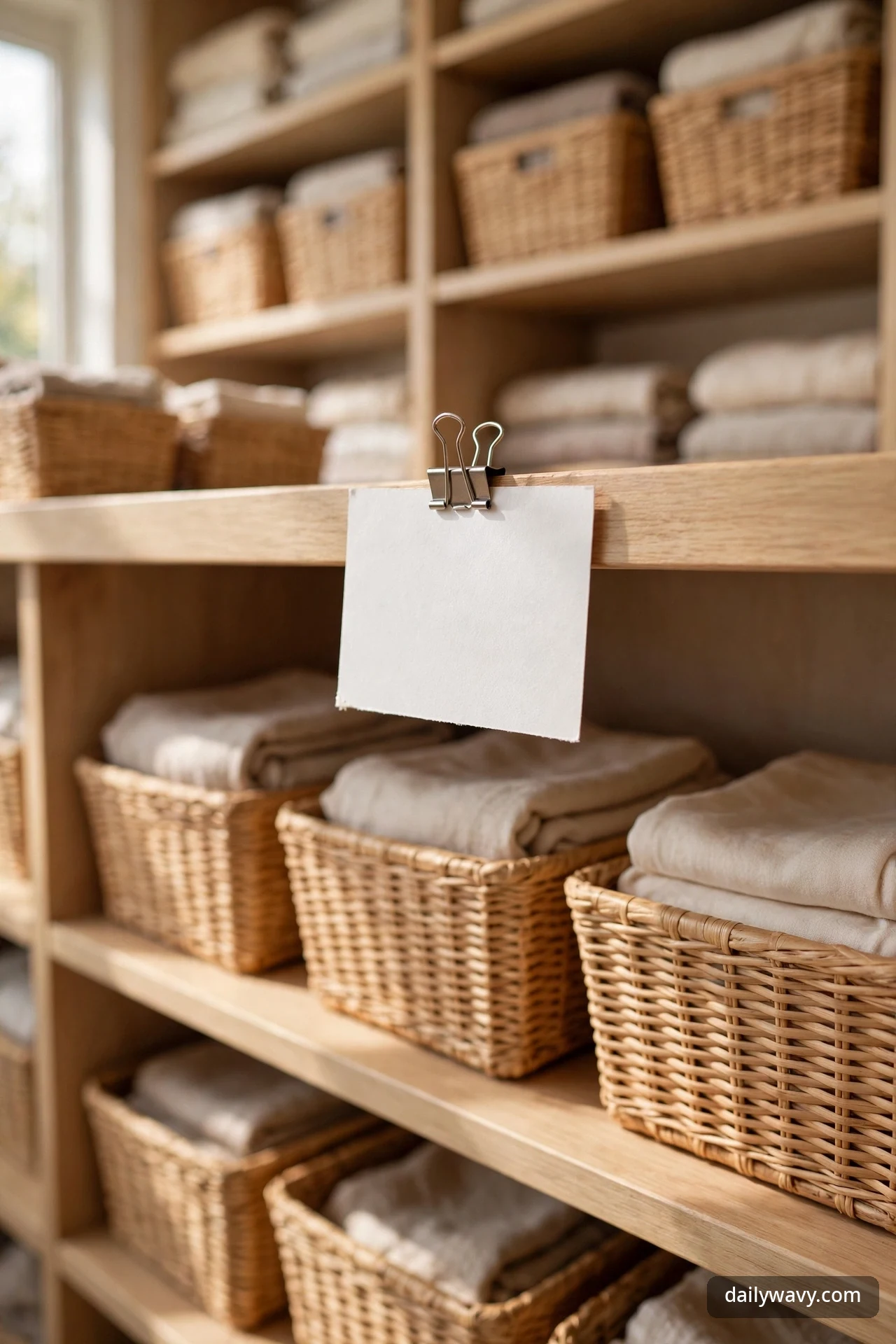 Blank white card clipped to a closet shelf edge above woven baskets of folded clothes