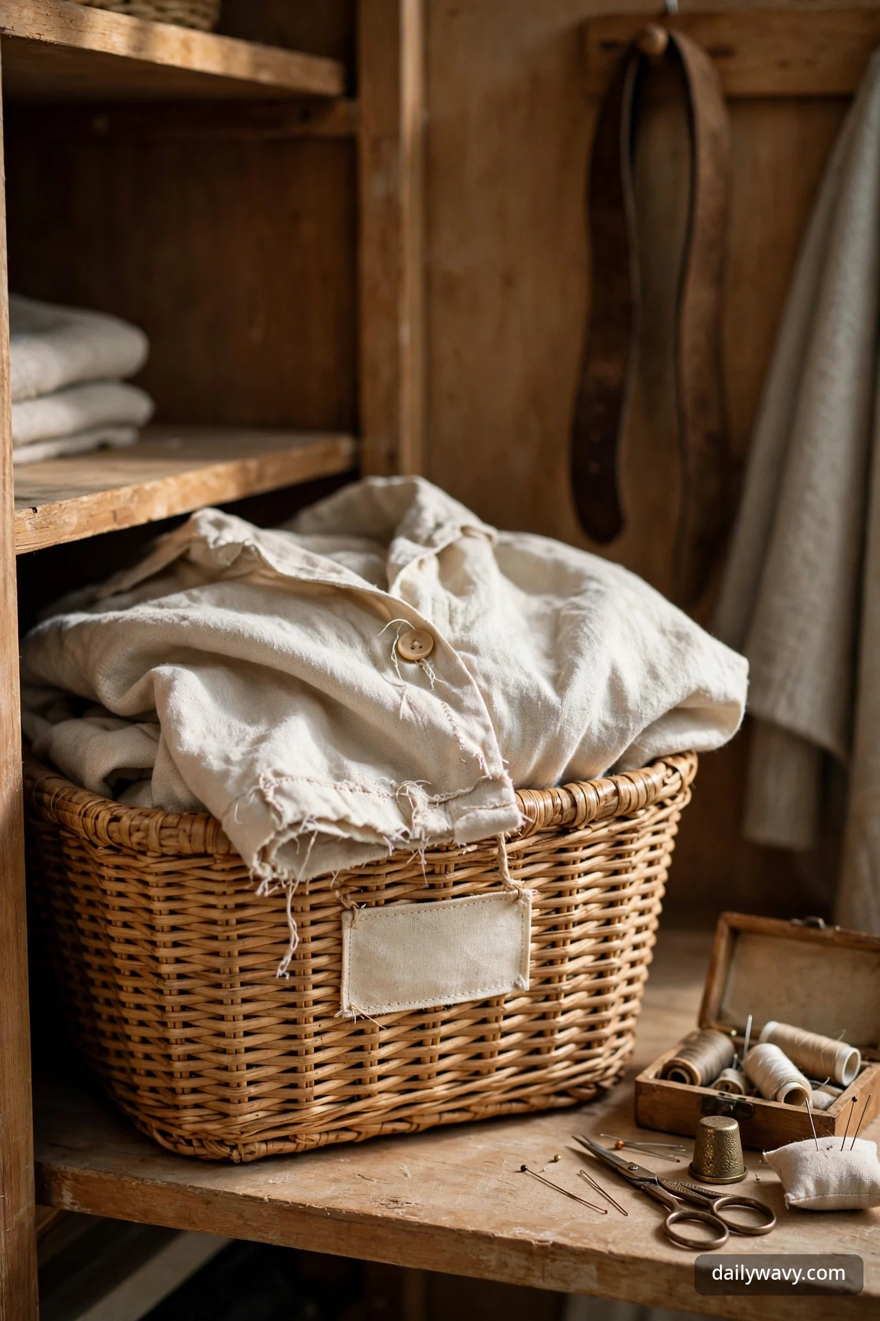Woven basket holding a worn linen shirt beside a small sewing kit with scissors, thread, a thimble, and a pincushion