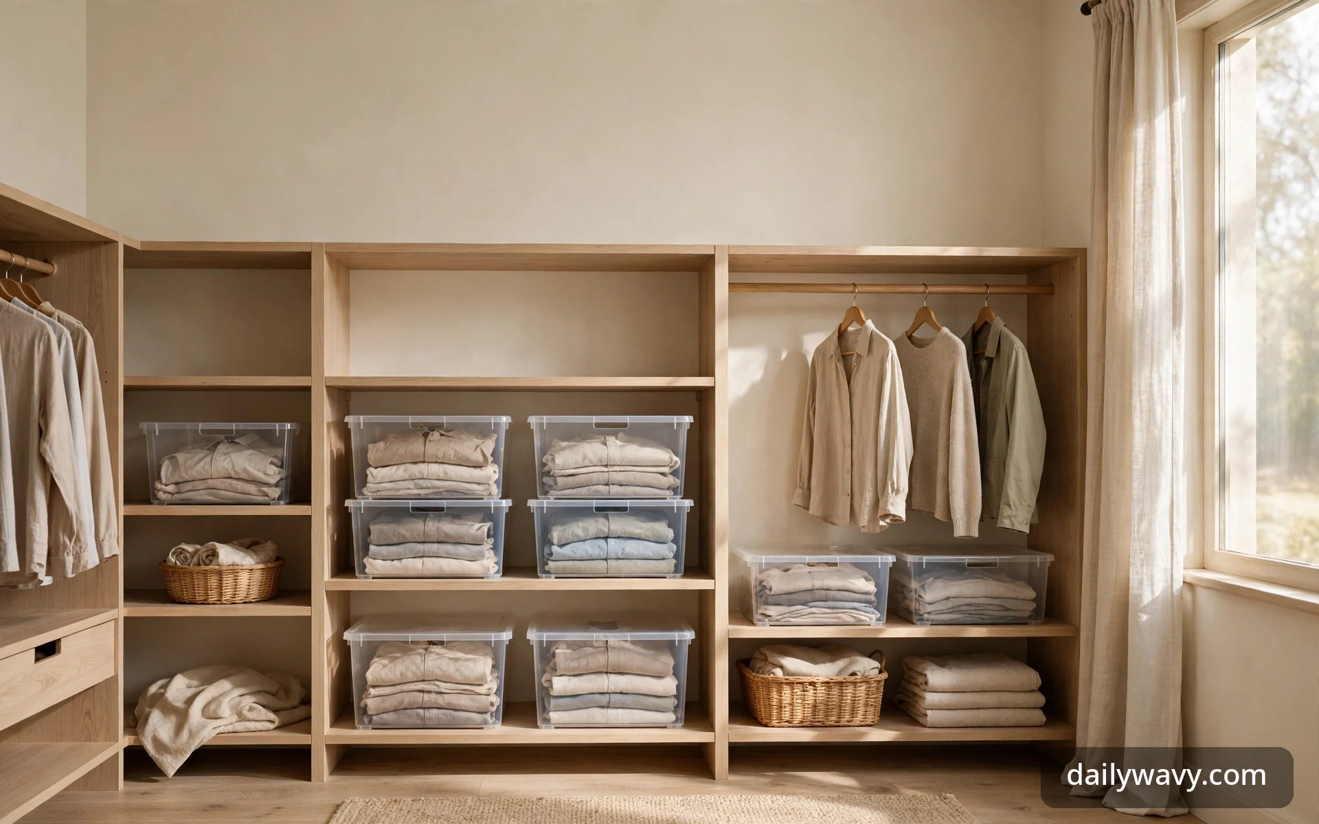 Wide view of a walk-in closet with light wood shelving, clear bins of folded clothes, woven baskets, and shirts hanging on a rod beside a window