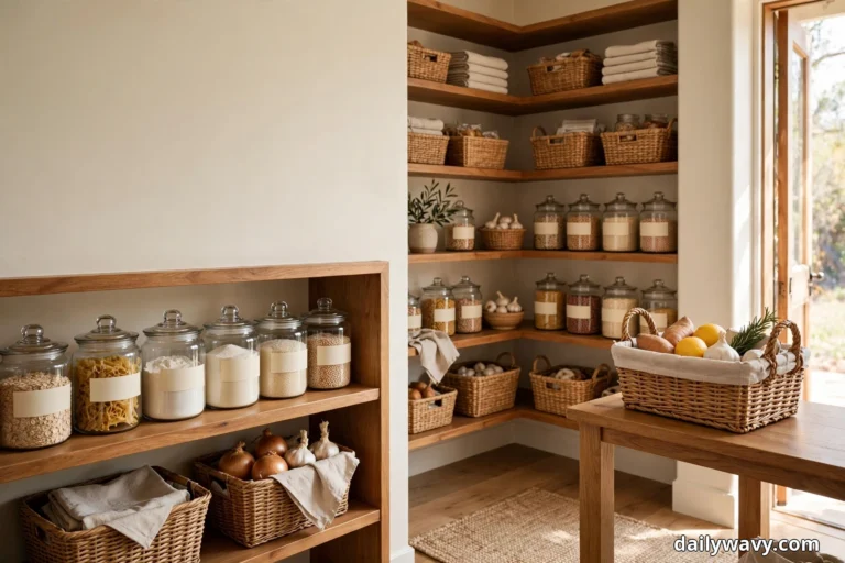 A wide view shows a walk-in pantry corner with light wood shelves holding glass jars with cream labels and woven baskets, with more labeled jars on a shelf at the left and a woven basket of produce on a wood table at the right
