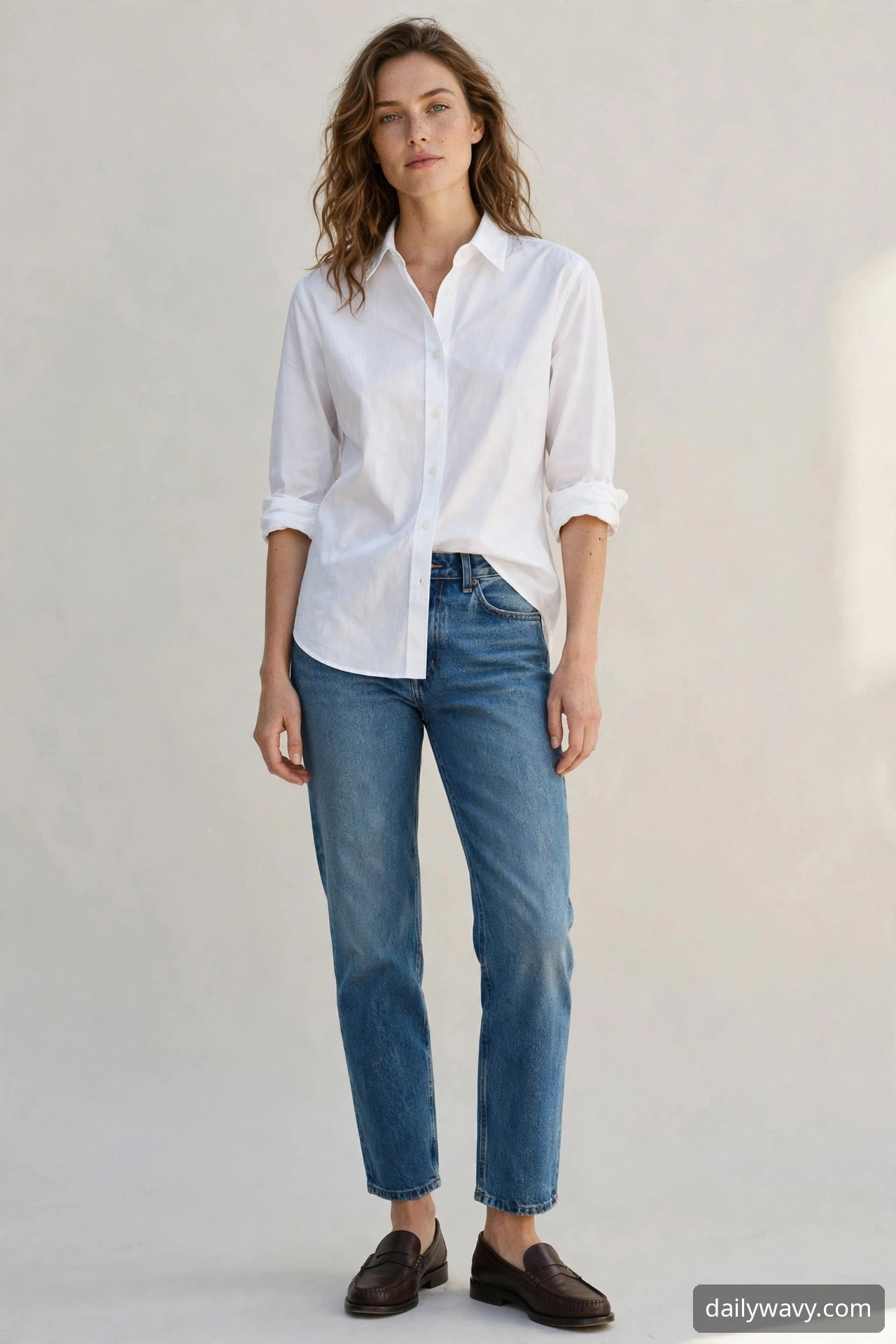 Woman wearing cotton shirt, straight jeans and loafers as a weekend brunch outfit