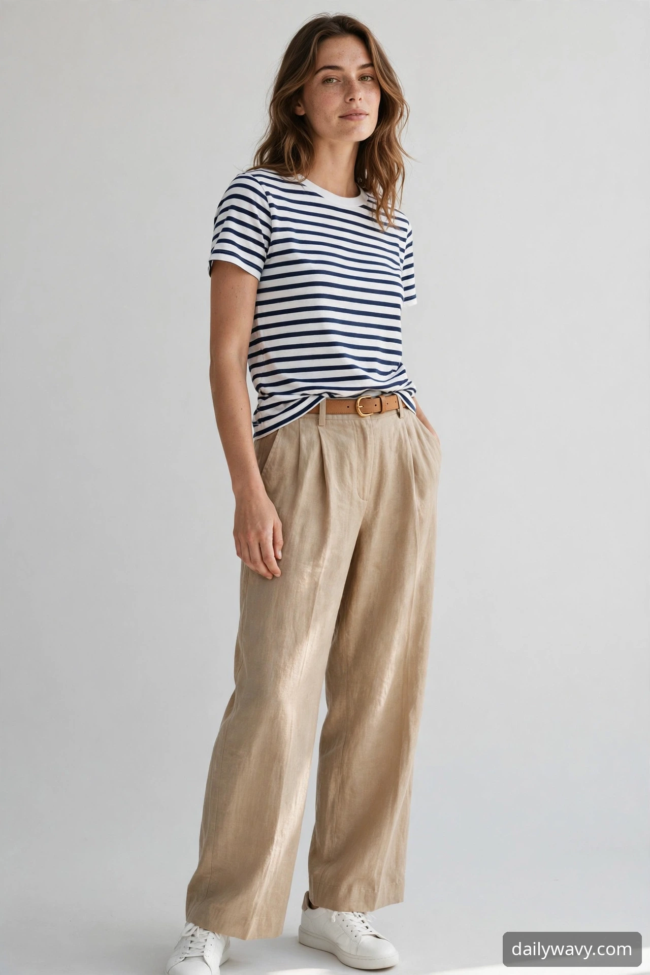 Woman wearing striped tee, wide trousers and sneakers as a weekend brunch outfit