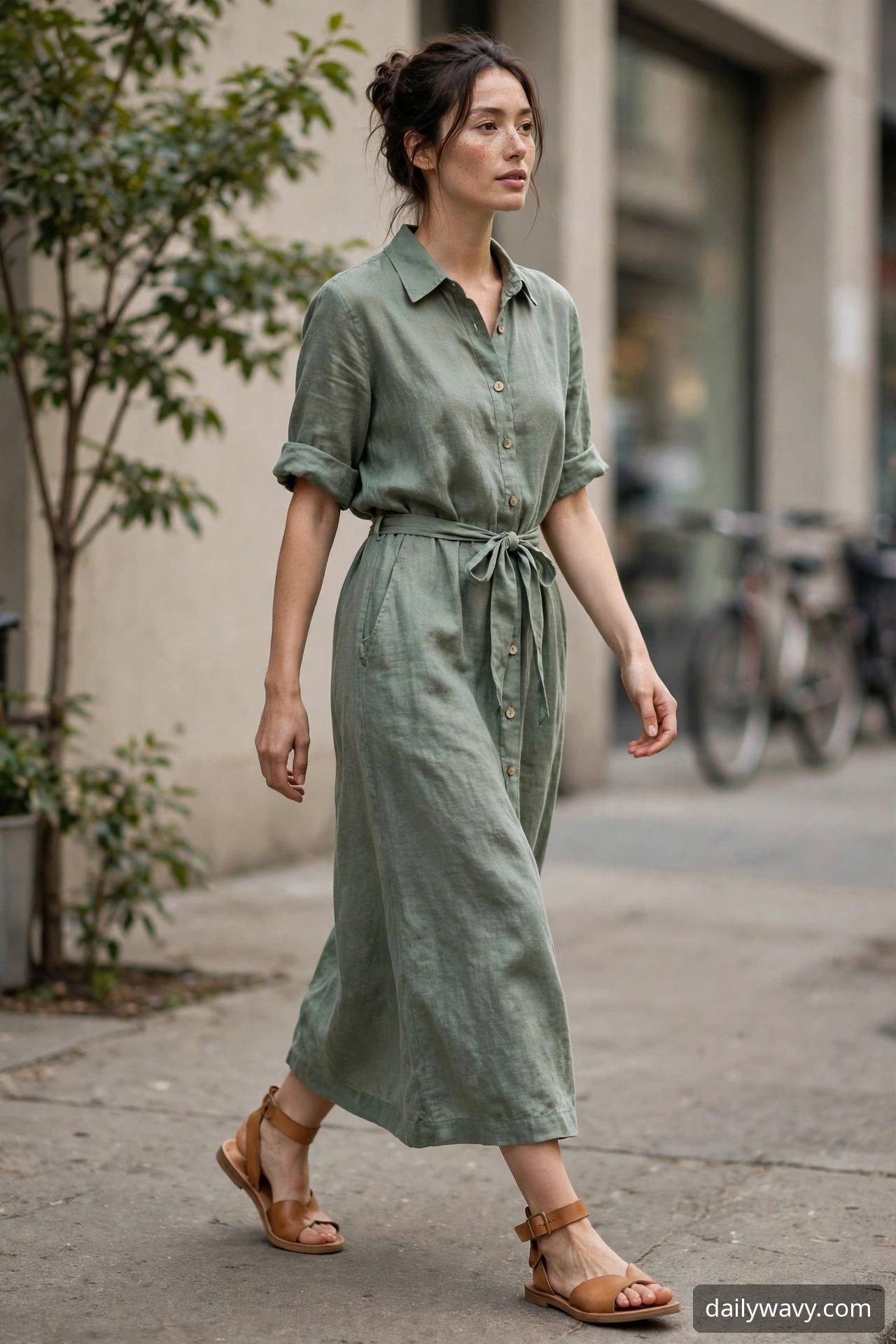 Woman wearing linen dress with flat sandals as a weekend brunch outfit