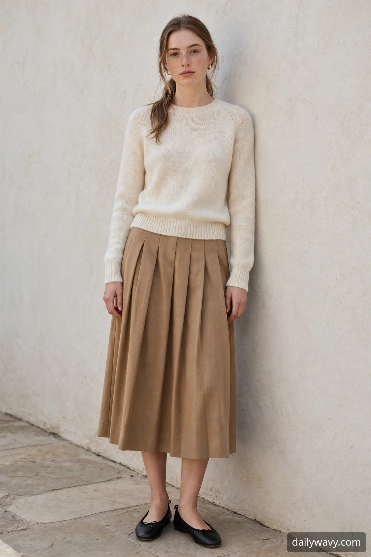 Woman wearing fine knit, midi skirt and ballet flats as a weekend brunch outfit