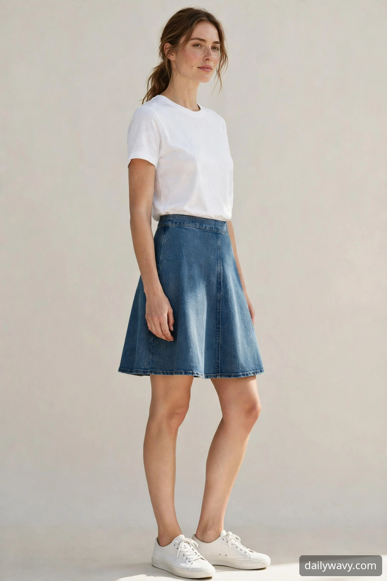 Woman wearing plain tee, denim skirt and trainers as a weekend brunch outfit