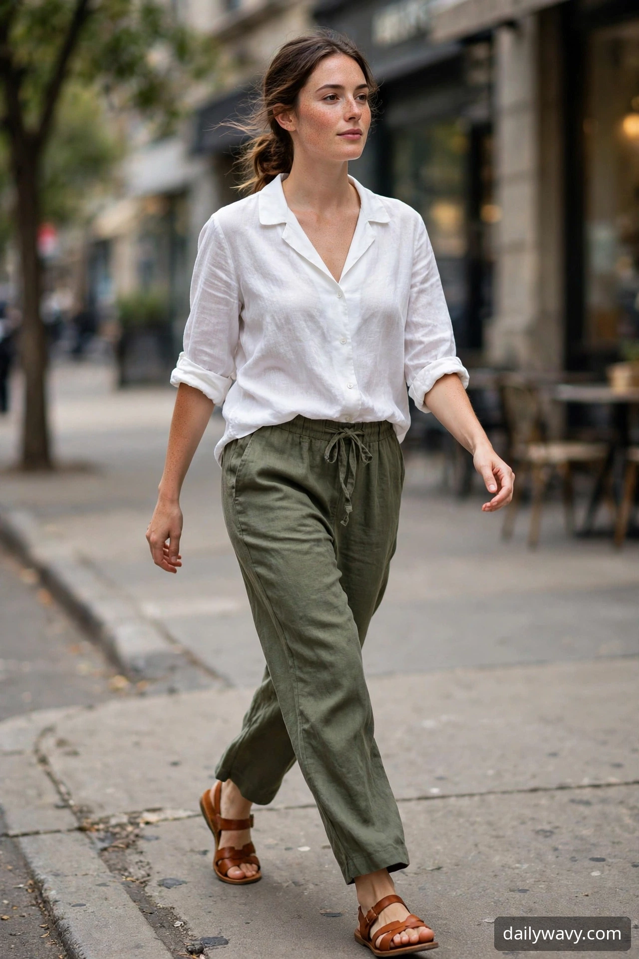 Woman wearing linen blouse with relaxed trousers as a weekend brunch outfit