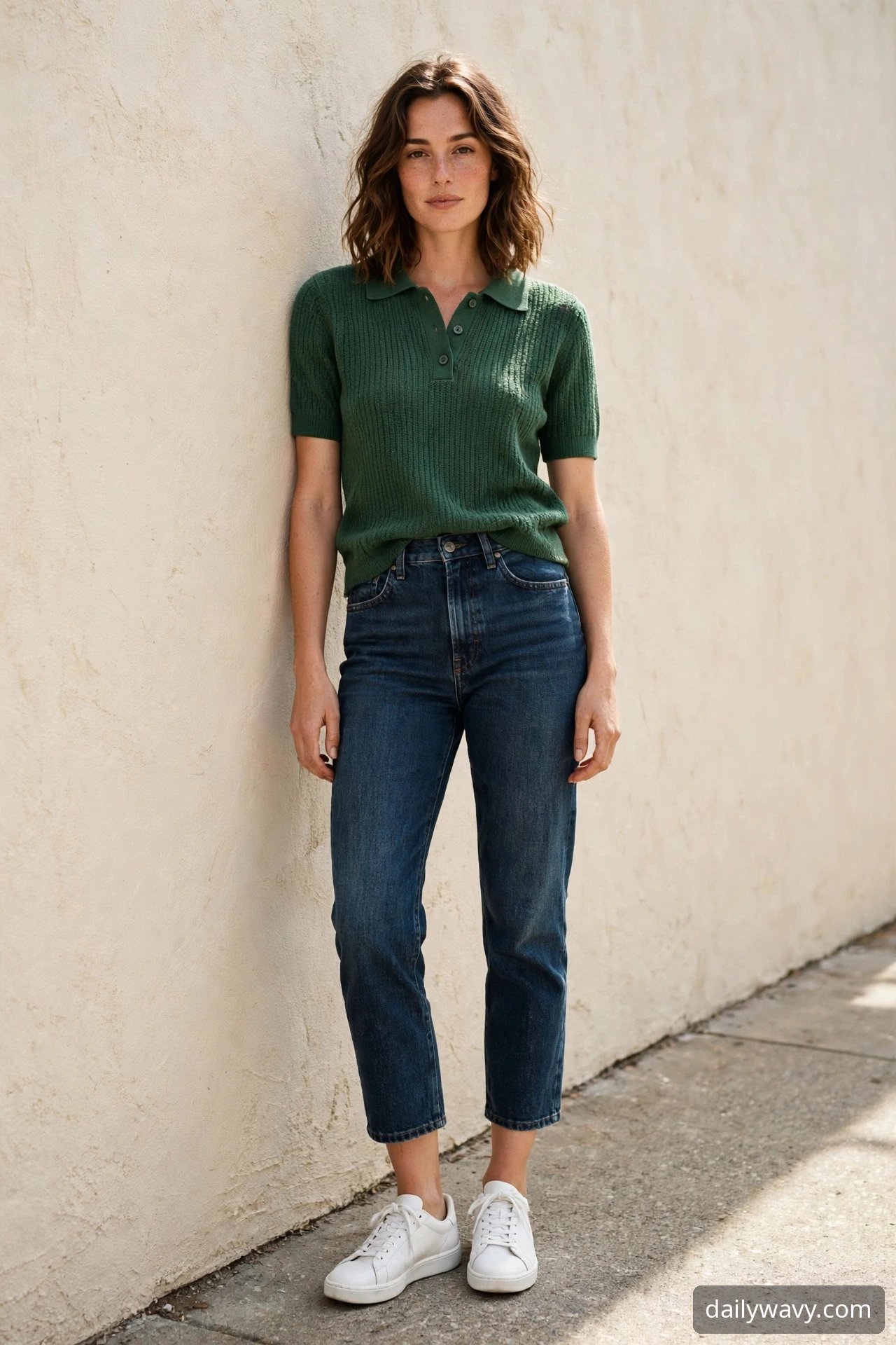 Woman wearing knit polo with cropped jeans as a weekend brunch outfit