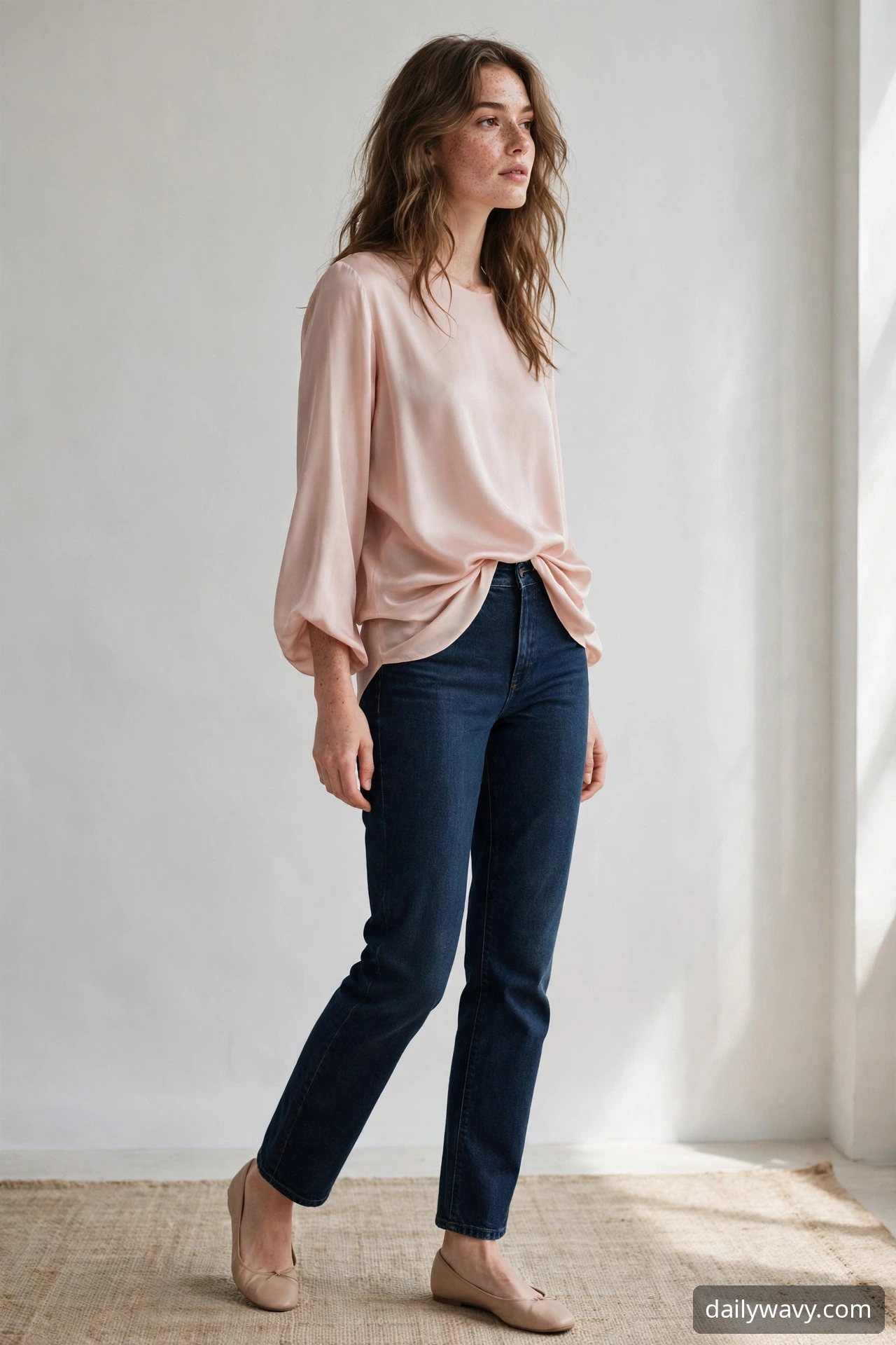 Woman wearing soft blouse, dark denim and flats as a weekend brunch outfit