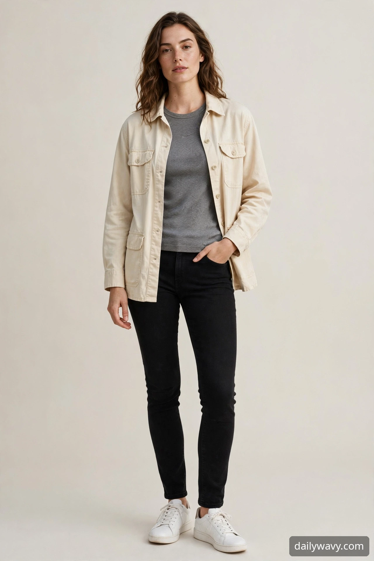 Woman wearing ribbed tee with an open overshirt as a weekend brunch outfit