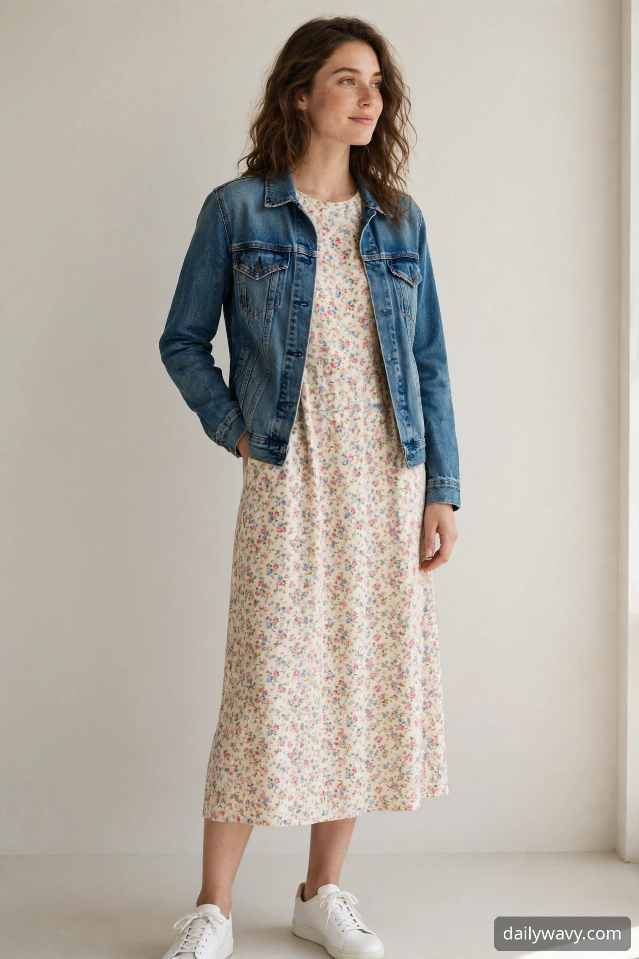 Woman wearing midi dress with a denim jacket as a weekend brunch outfit