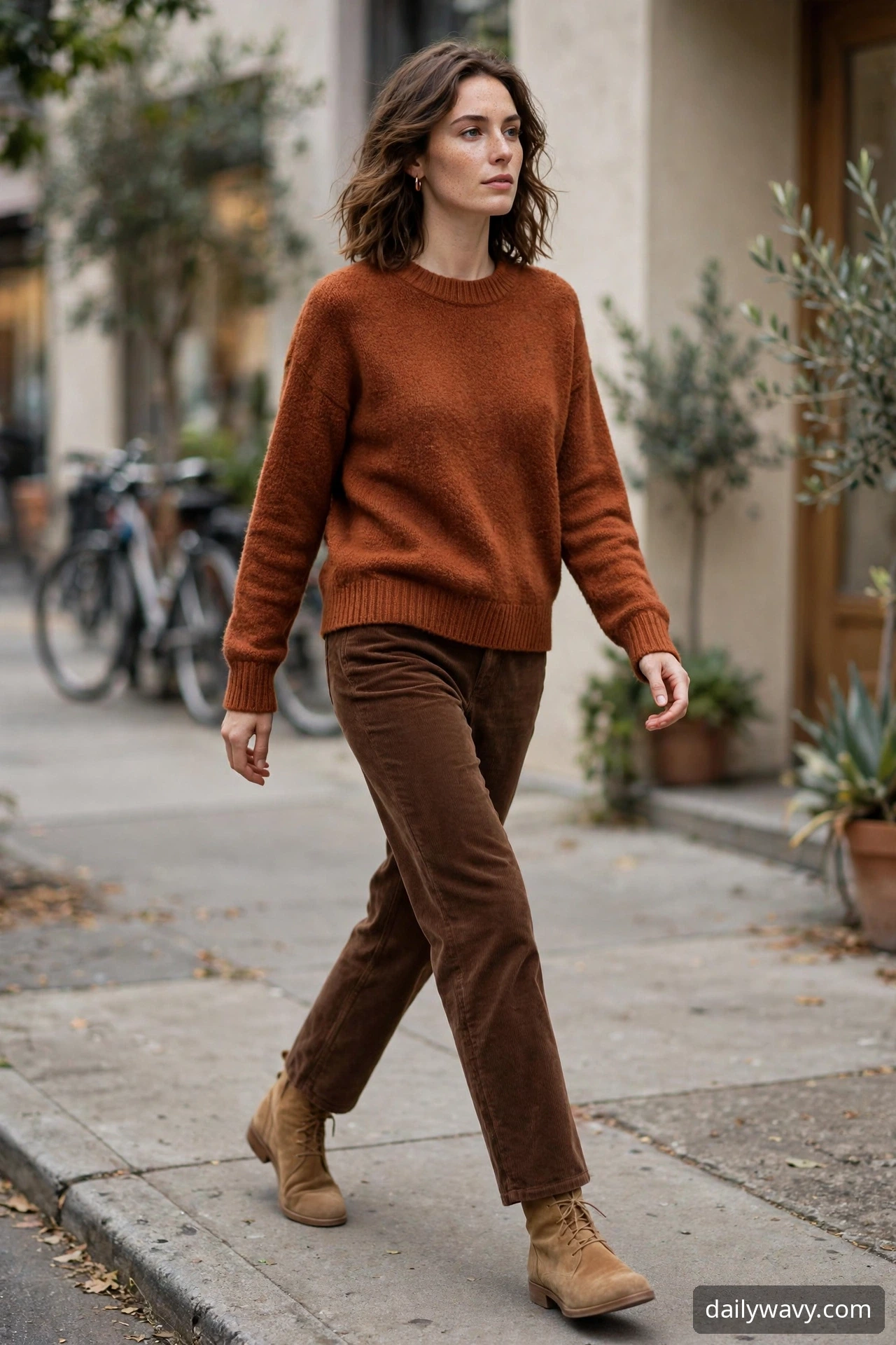 Woman wearing crewneck knit with corduroy trousers as a weekend brunch outfit