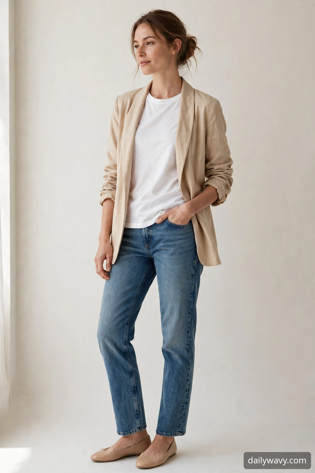 Woman wearing plain tee with a lightweight blazer as a weekend brunch outfit