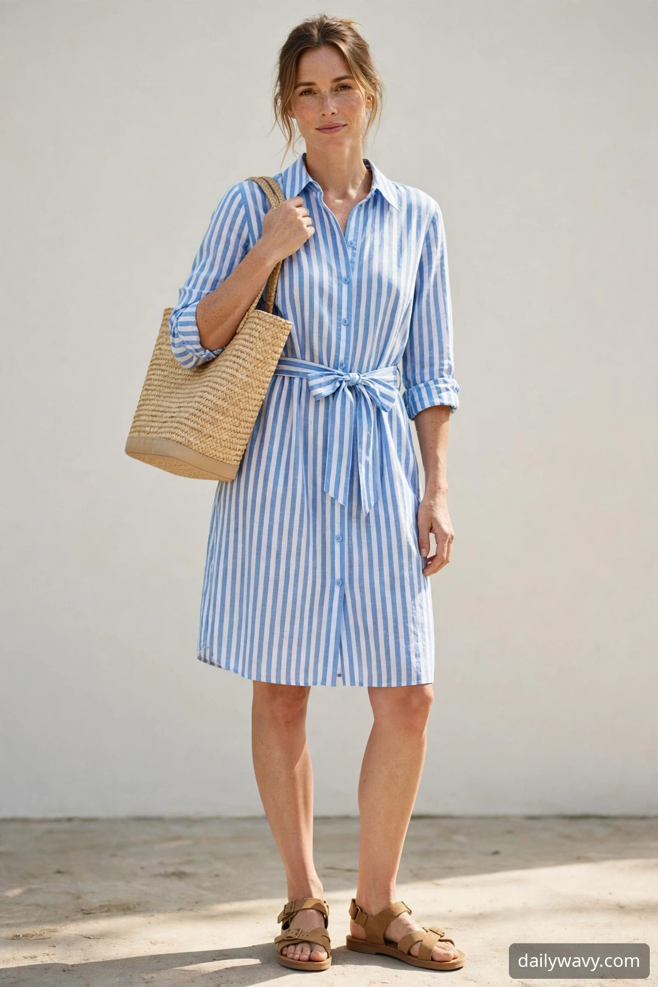 Woman wearing shirt dress with a woven bag as a weekend brunch outfit