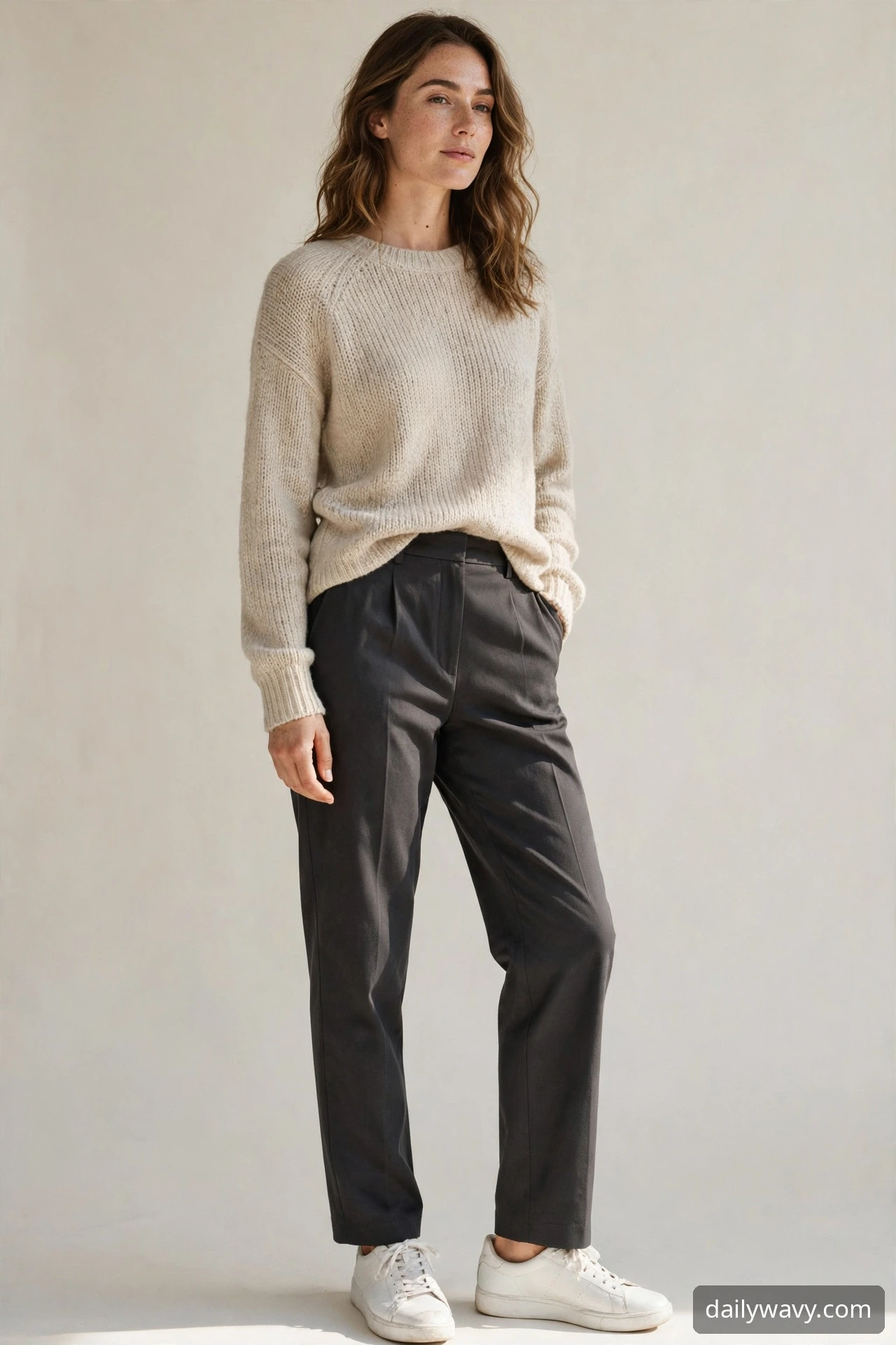 Woman wearing relaxed sweater with straight trousers as a weekend brunch outfit