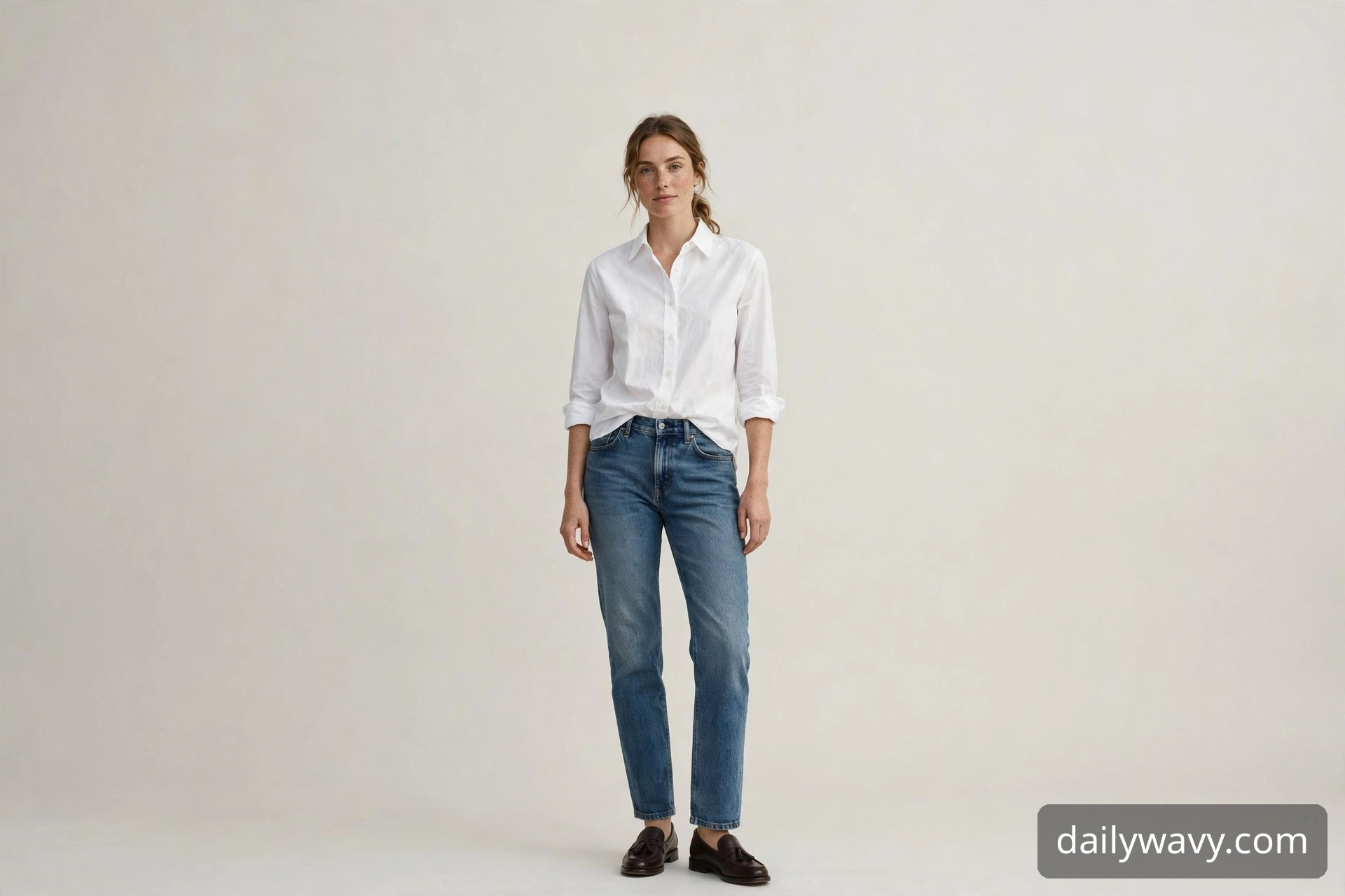 Woman in a weekend brunch outfit styled for a sunny patio table