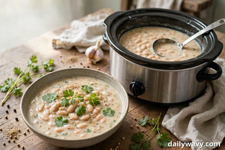 A bowl of creamy white bean soup topped with fresh coriander leaves sits in front of an open slow cooker holding more of the soup with a ladle resting in it