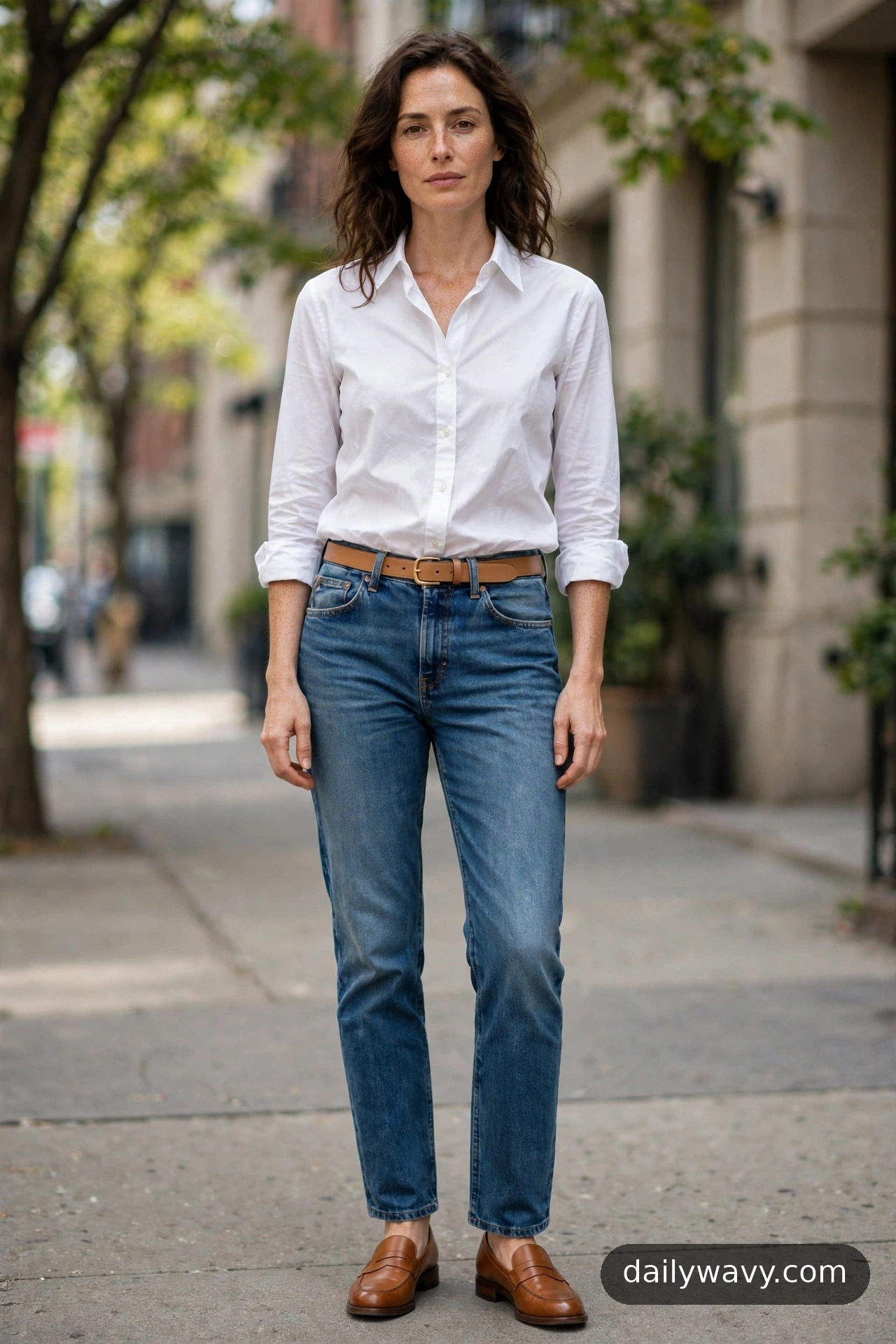 White button-down shirt with straight jeans, leather belt and loafers
