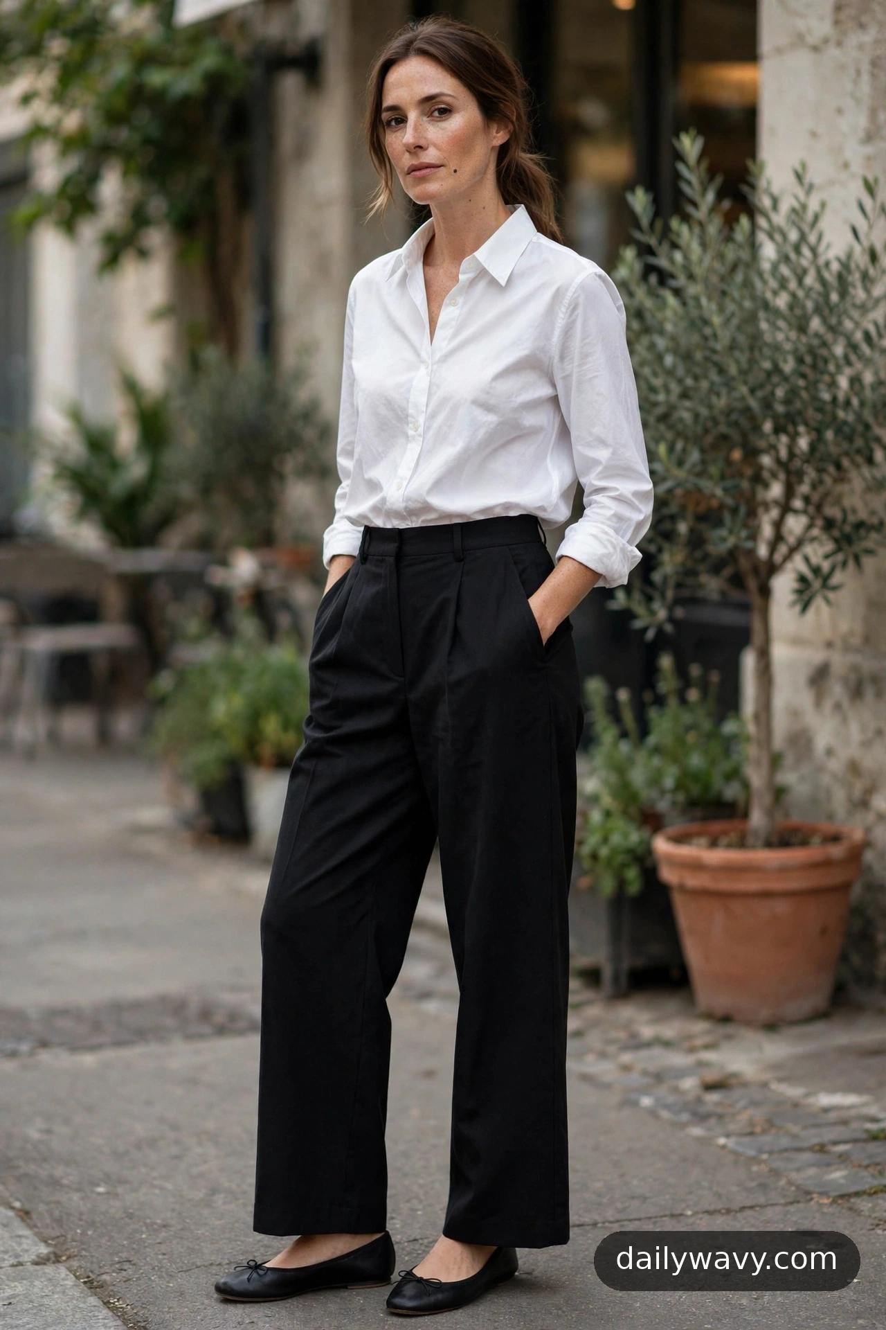 White button-down shirt with wide trousers and ballet flats