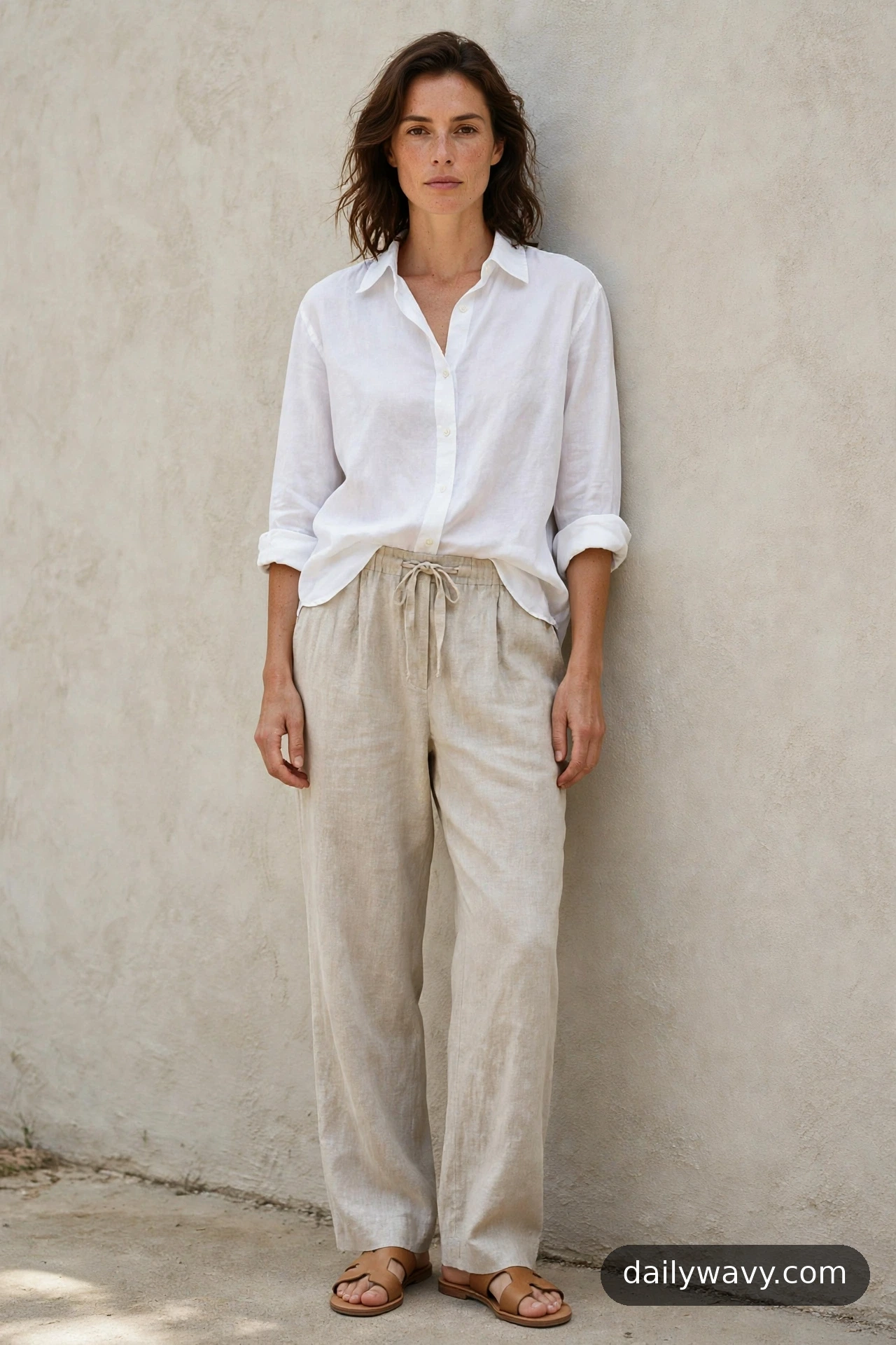 White button-down shirt with linen trousers and flat sandals