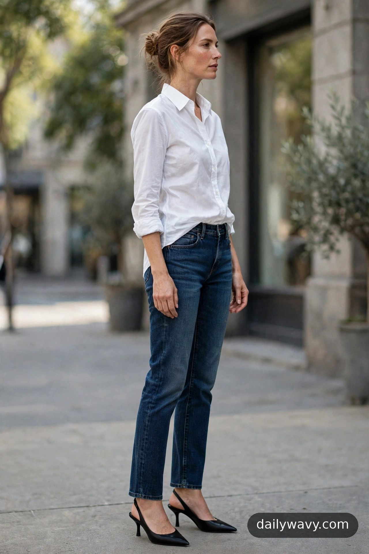 White button-down shirt with dark jeans and slingback heels