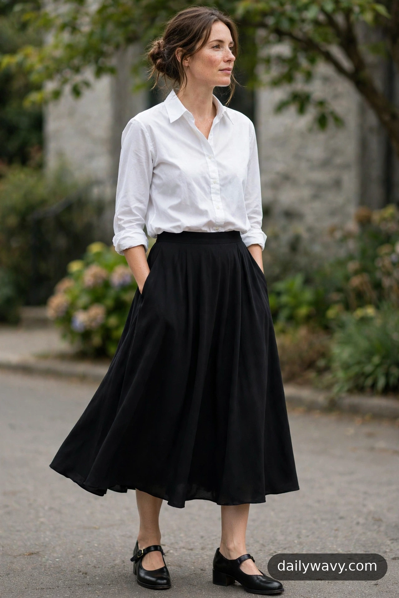 White button-down shirt with a midi skirt and Mary Jane shoes