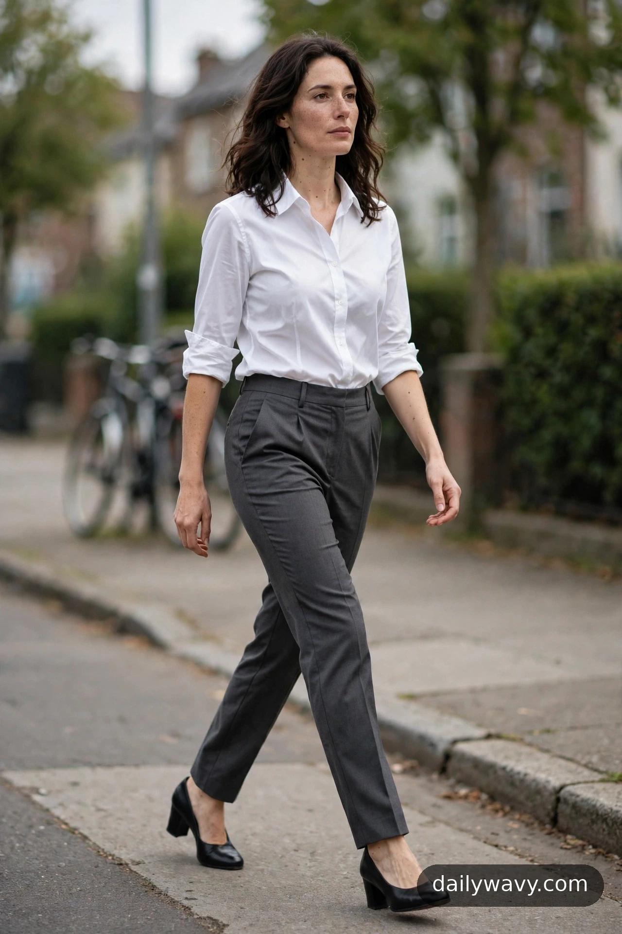 White button-down shirt with pleated trousers and low heels