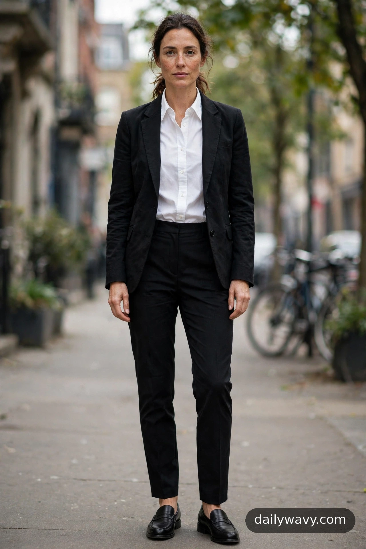 White button-down shirt with black trousers and a structured blazer