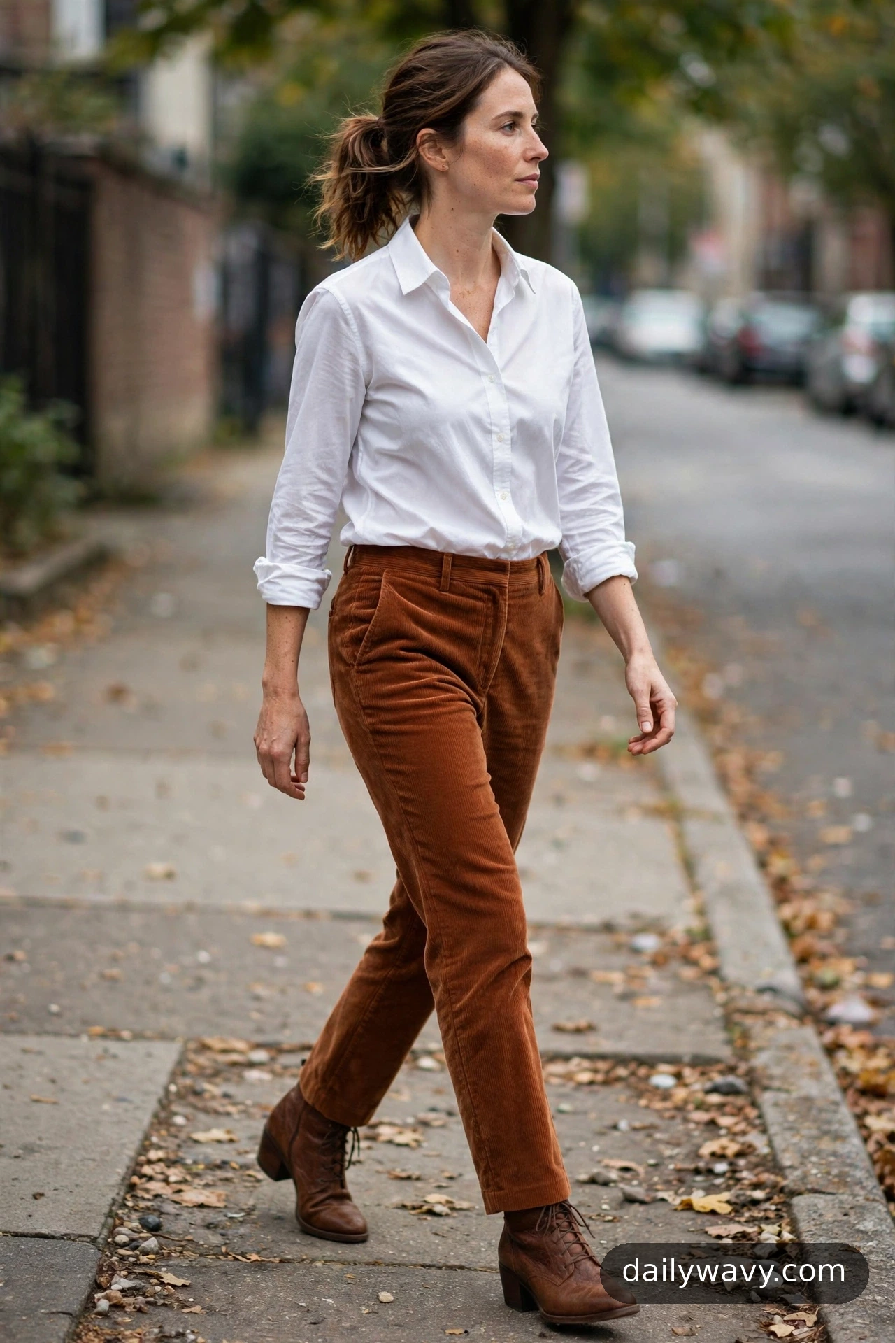 White button-down shirt with corduroy trousers and low boots