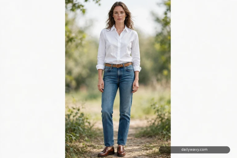 White button-down shirt shown in a complete styled scene