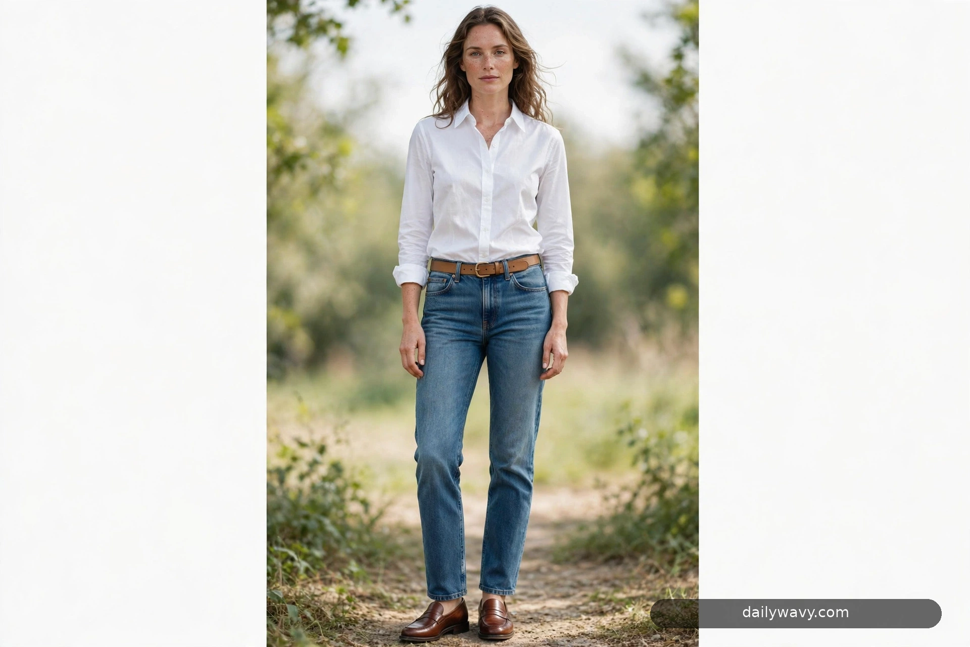 White button-down shirt shown in a complete styled scene