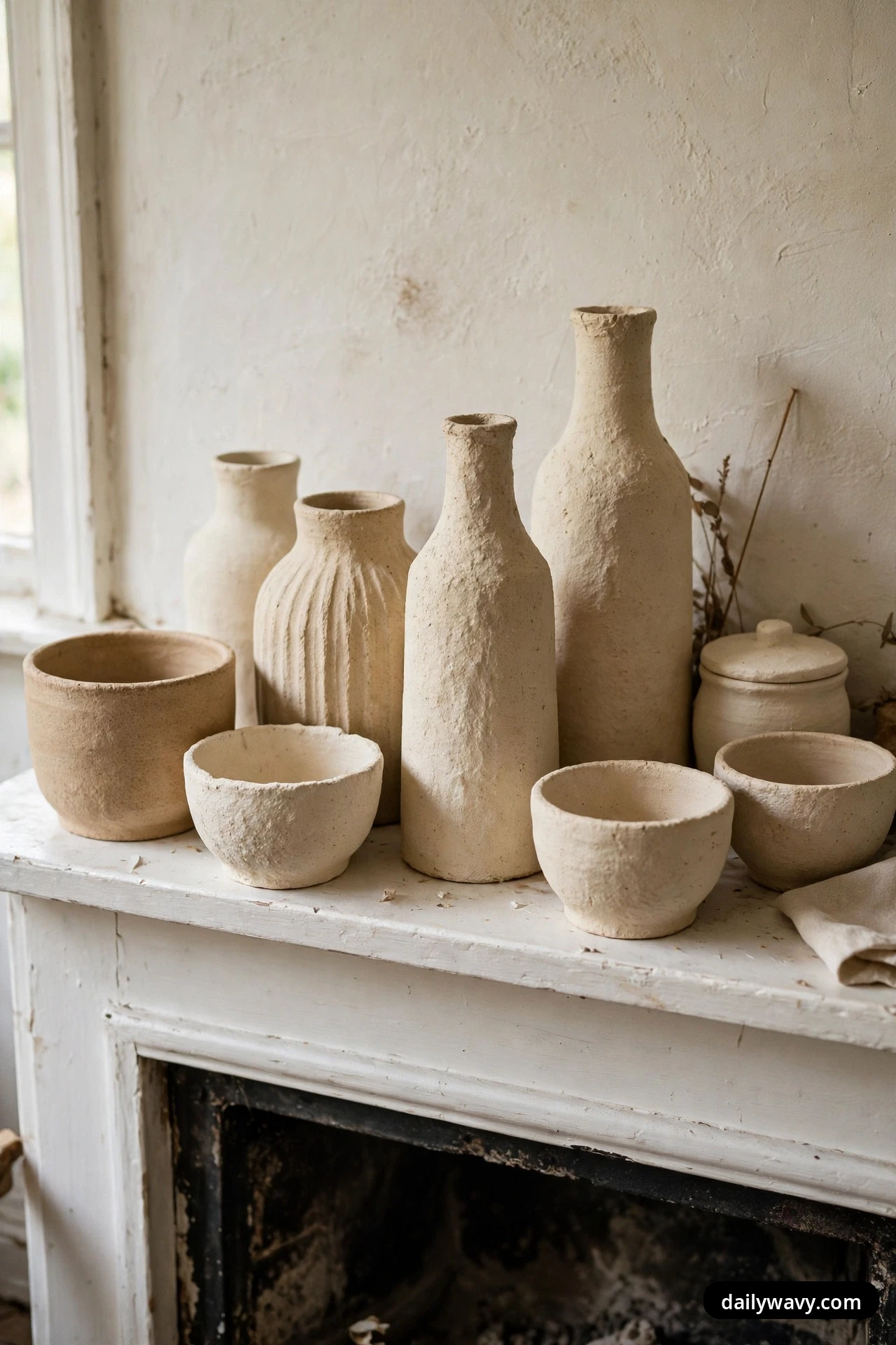 A close-up shows a tight cluster of matte stoneware bottles, a ribbed jar, small bowls and a lidded pot in cream and sand tones grouped on a white fireplace mantel shelf.