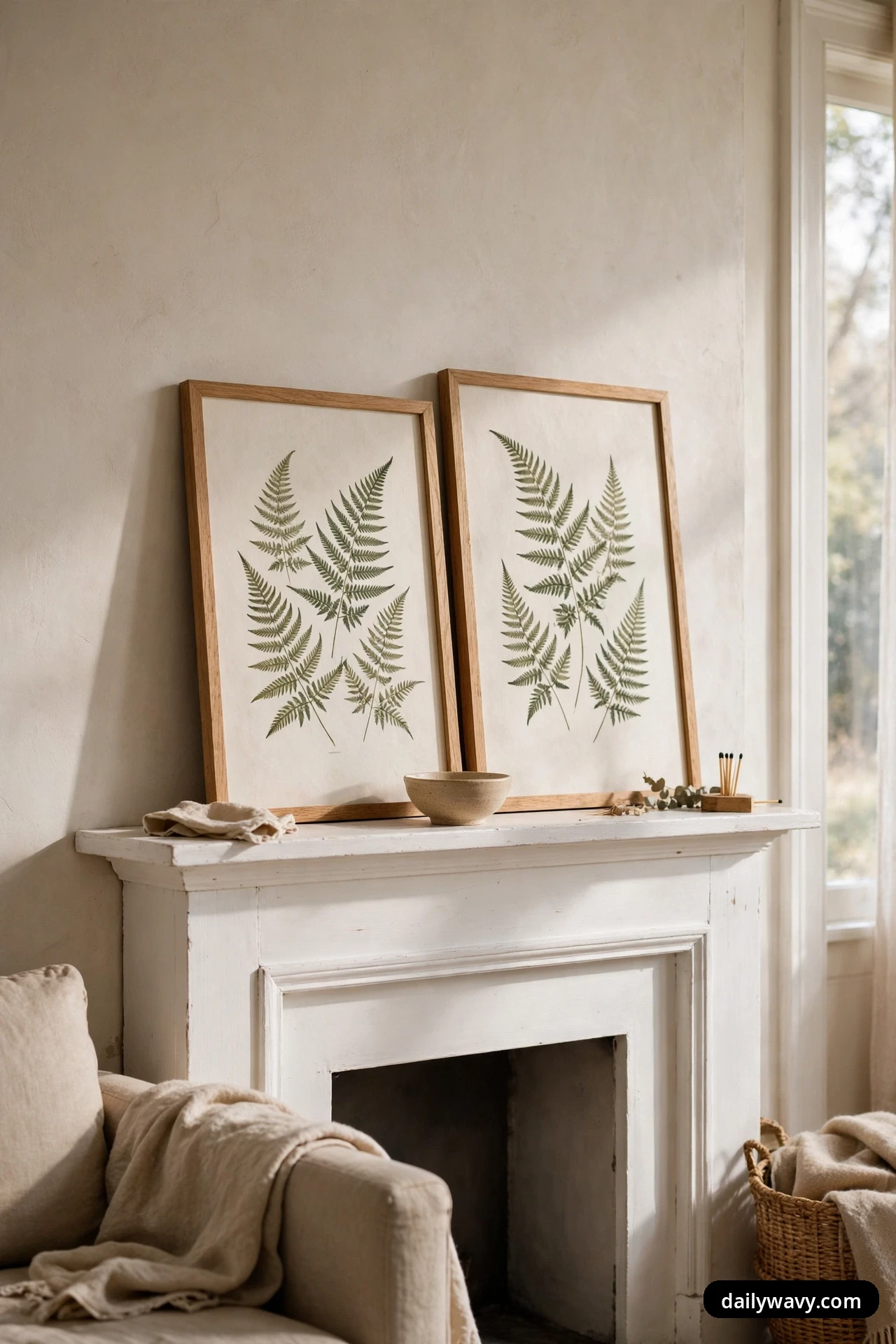 Two framed fern botanical prints in light oak frames lean against the wall on a white fireplace mantel, with a small stoneware bowl resting on the shelf in front of them.