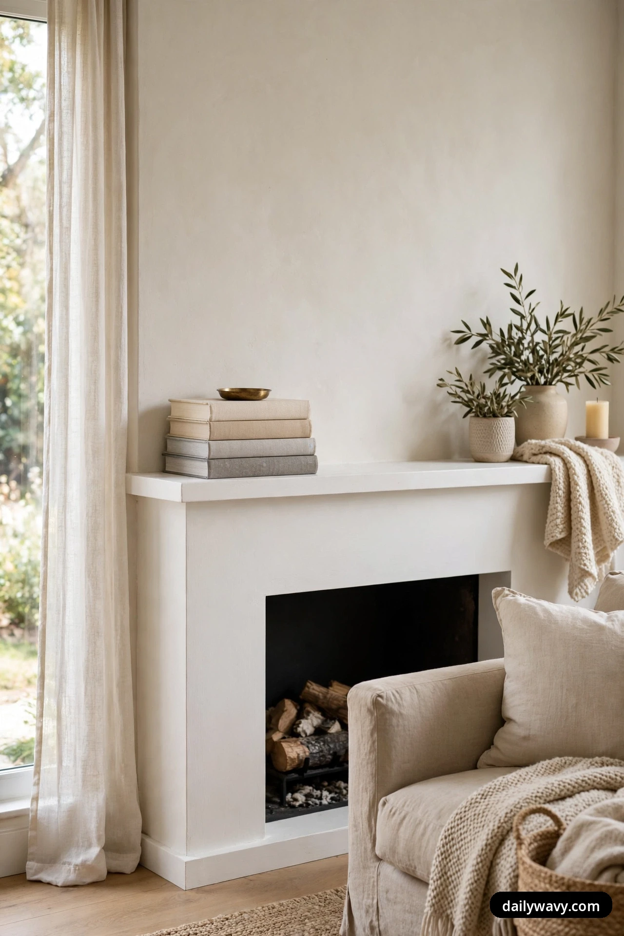 A stack of four neutral hardcover books topped with a small brass dish sits at the left end of a white fireplace mantel, with potted olive branches, an unlit pillar candle and a knit throw draped over the right end.